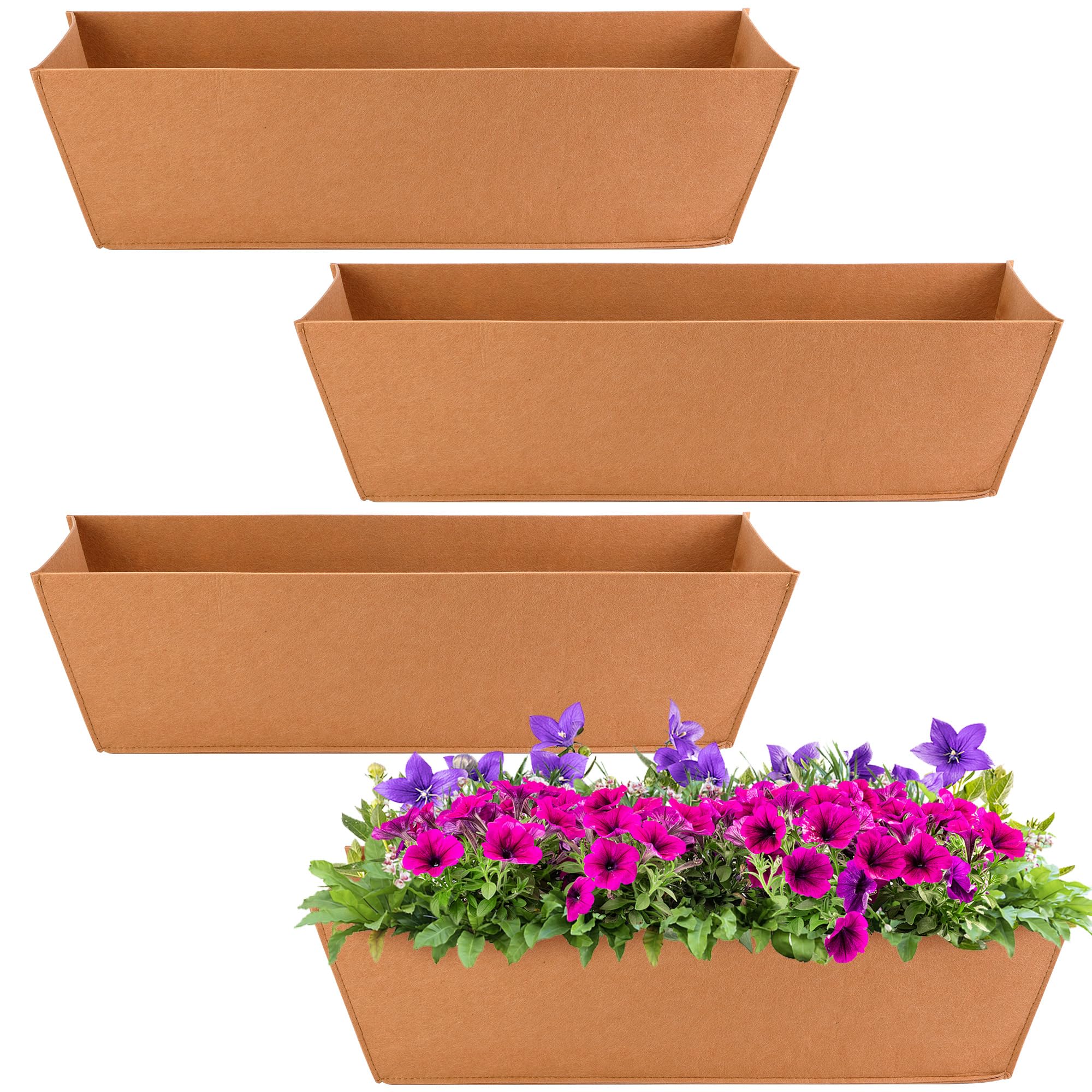 Adnee 4-Pack 24 Inch Rectangular Non-Woven Fabric Plant Window Box Liners - Brown Felt Flower Hanging Basket for Outdoor Garden, Wall Hanging Planters, Vegetables - Perfect for Balcony, Patio & Window Decor