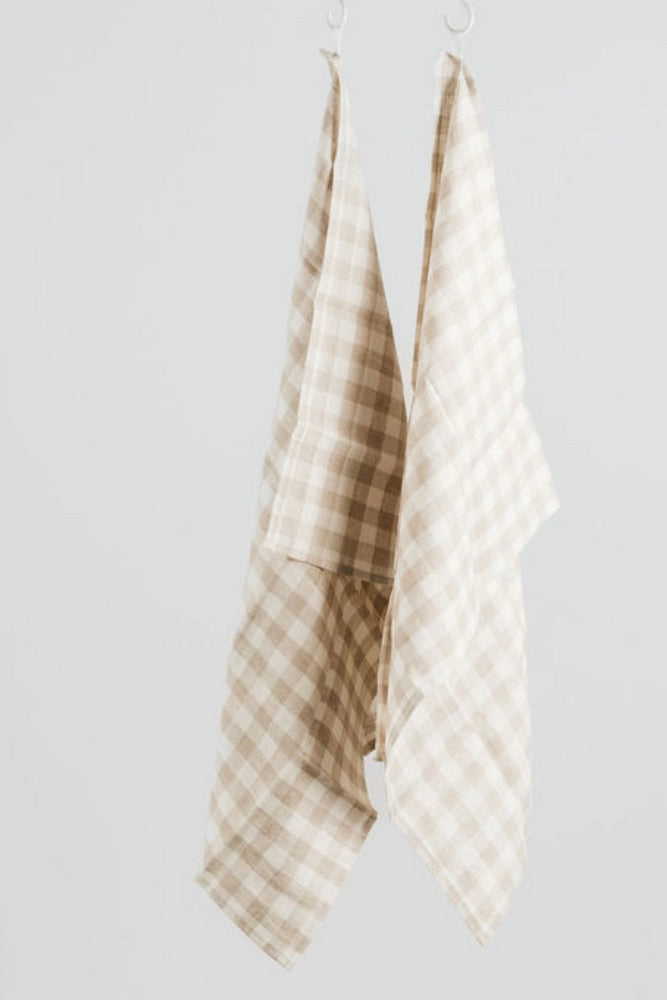 Premium 100% French Linen Gingham Tea Towels Set of 2 (55x75cm) - Natural Cotton Kitchen Towels for Drying Dishes, Baking & Elegant Table Decor
