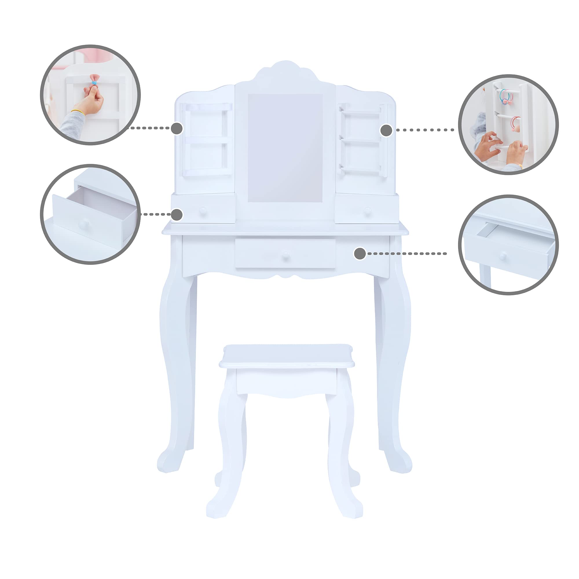 Teamson Kids Little Princess Anna Medium Play Vanity Set - White Vanity Table with Mirror & Stool for Girls Bedroom, Birthday Gift, Pretend Play & Dress Up