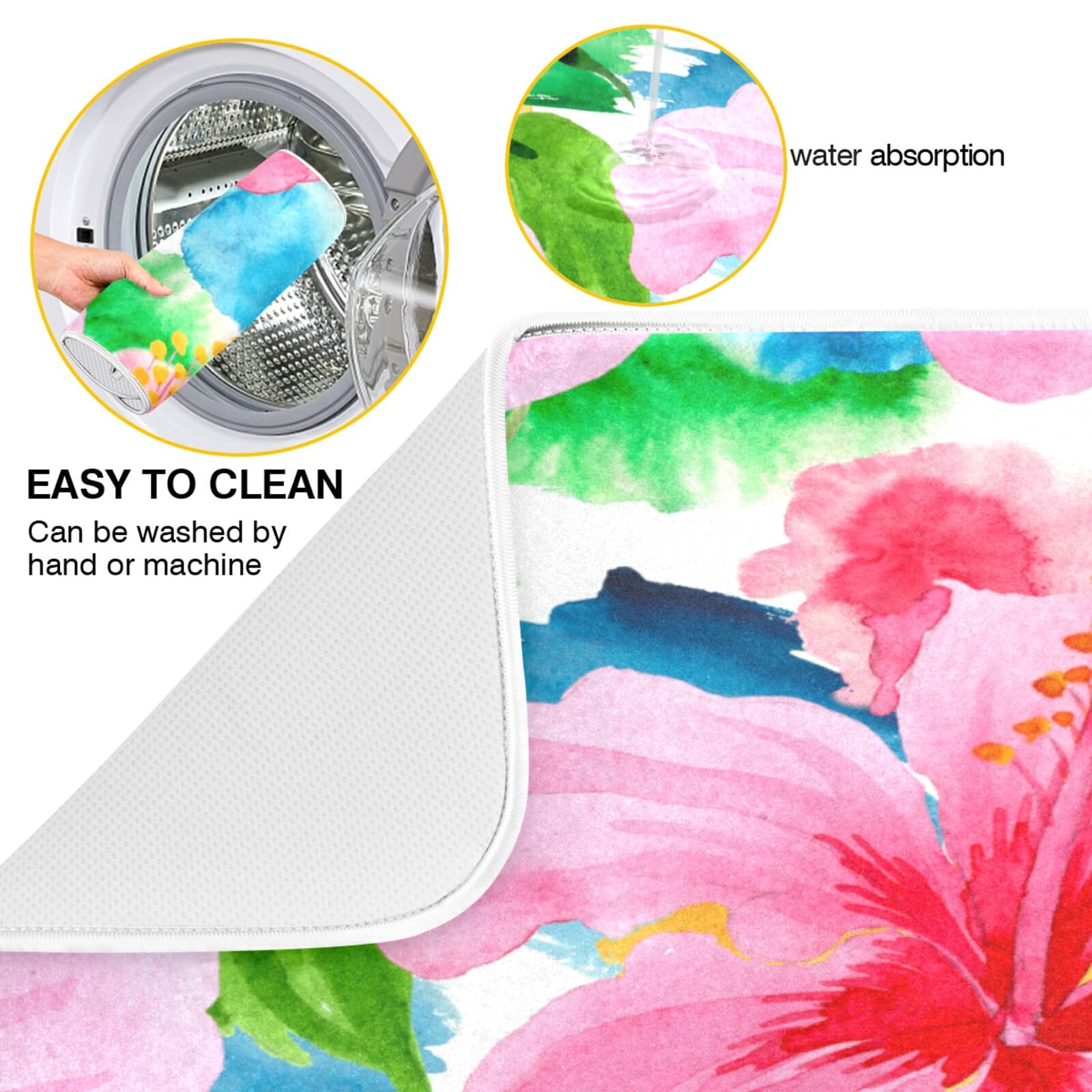 Floral Dish Drying Mat - 18x24 Inch Absorbent Microfiber Kitchen Counter Mat, Washable Dish Rack & Drainer Pad for Dishes, Cups & Utensils - Perfect for Countertop Drying After Washing
