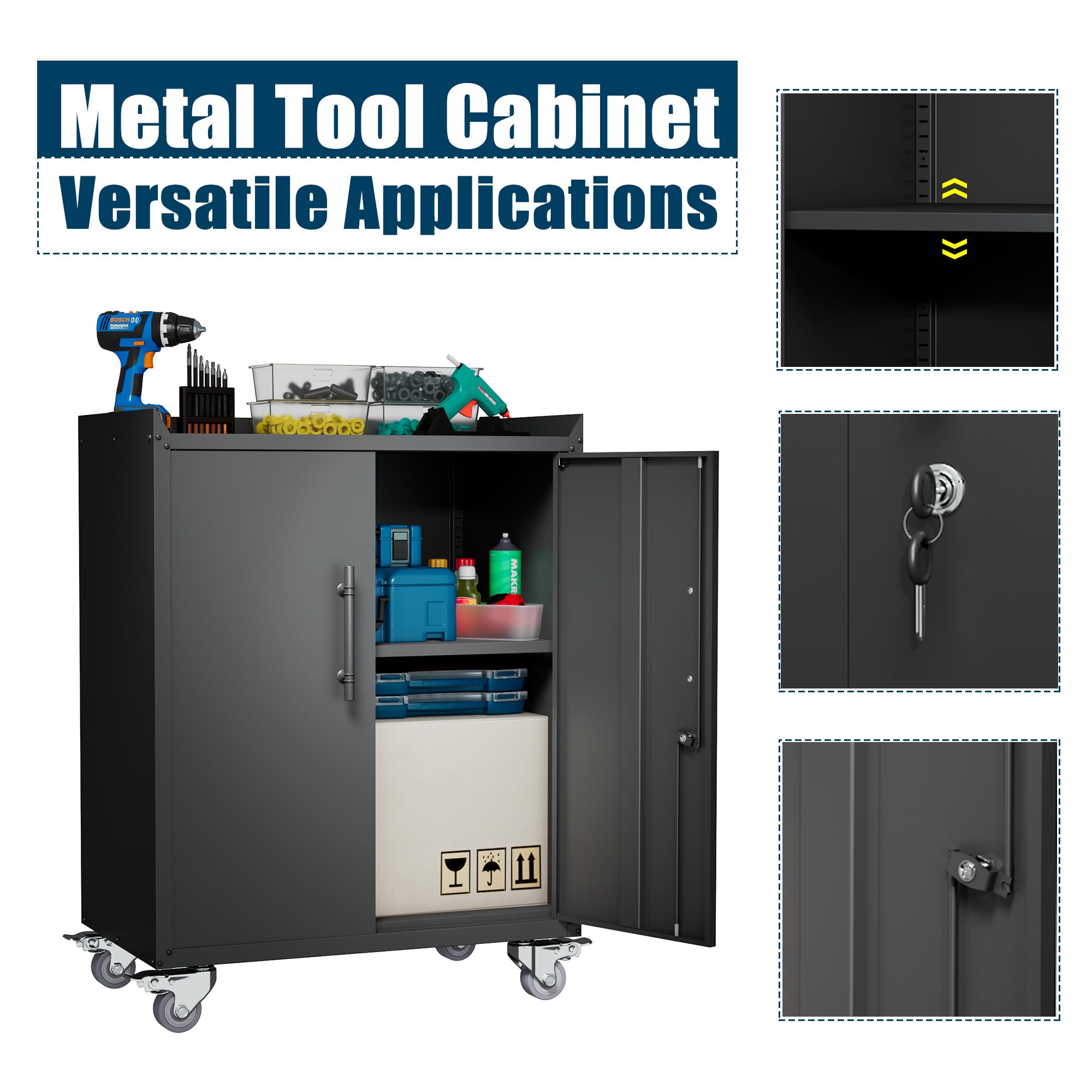Heavy-Duty Locking Metal Storage Cabinet with Wheels - 2-Door Black Steel Cabinet with Adjustable Shelf for Office, Garage, Home, Classroom, Workshop & Pantry Organization - Secure Storage Solution for Tools, Files & Supplies