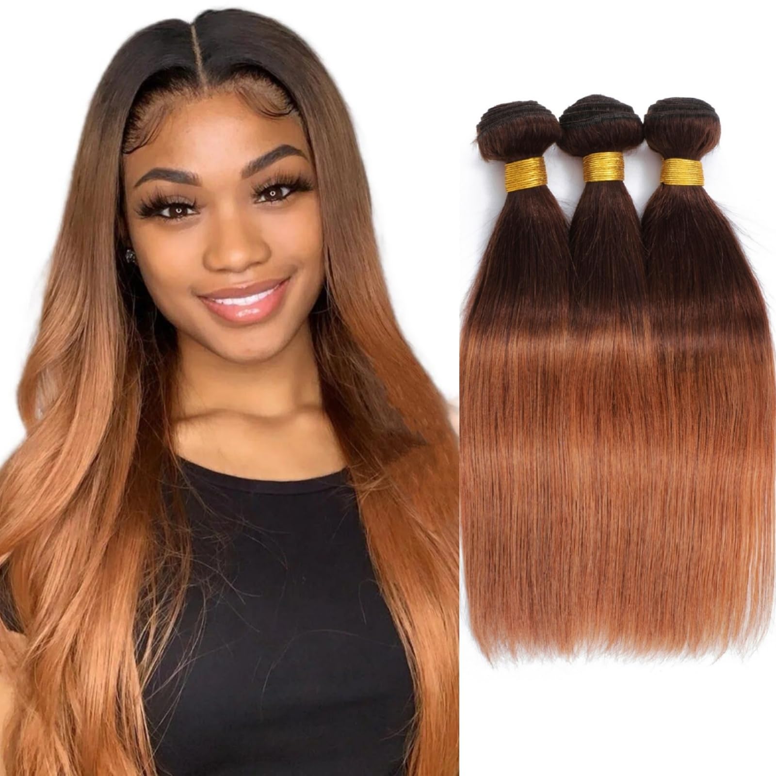 10A Brazilian Virgin Remy Hair Bundles Straight 2-Tone Ombre Black to Honey Brown 100% Unprocessed Human Hair Extensions (T4/30, 12 14 16 Inch) - Perfect for Daily Wear, Parties & Special Occasions