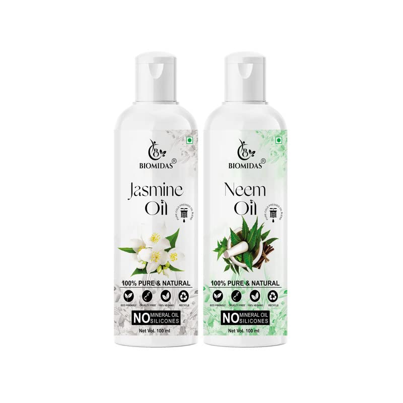 Biomidas 100% Pure Jasmine Oil & Neem Oil Combo (100ML Each) - Promotes Rapid Hair Growth, Reduces Hair Fall, Repairs Split Ends for Softer & Shinier Hair - Perfect for Daily Hair Care & Scalp Treatment (Pack of 2)