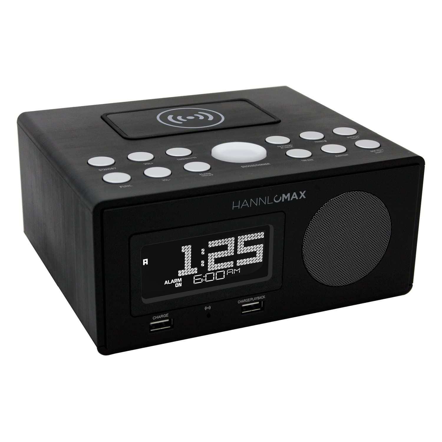 HANNLOMAX HX-202Qi Wireless Charging Alarm Clock Radio with Bluetooth, 10W Fast Charging, Dual USB Ports, Temperature Display & Nightlight - Perfect for Bedroom, Office, Travel (Black)