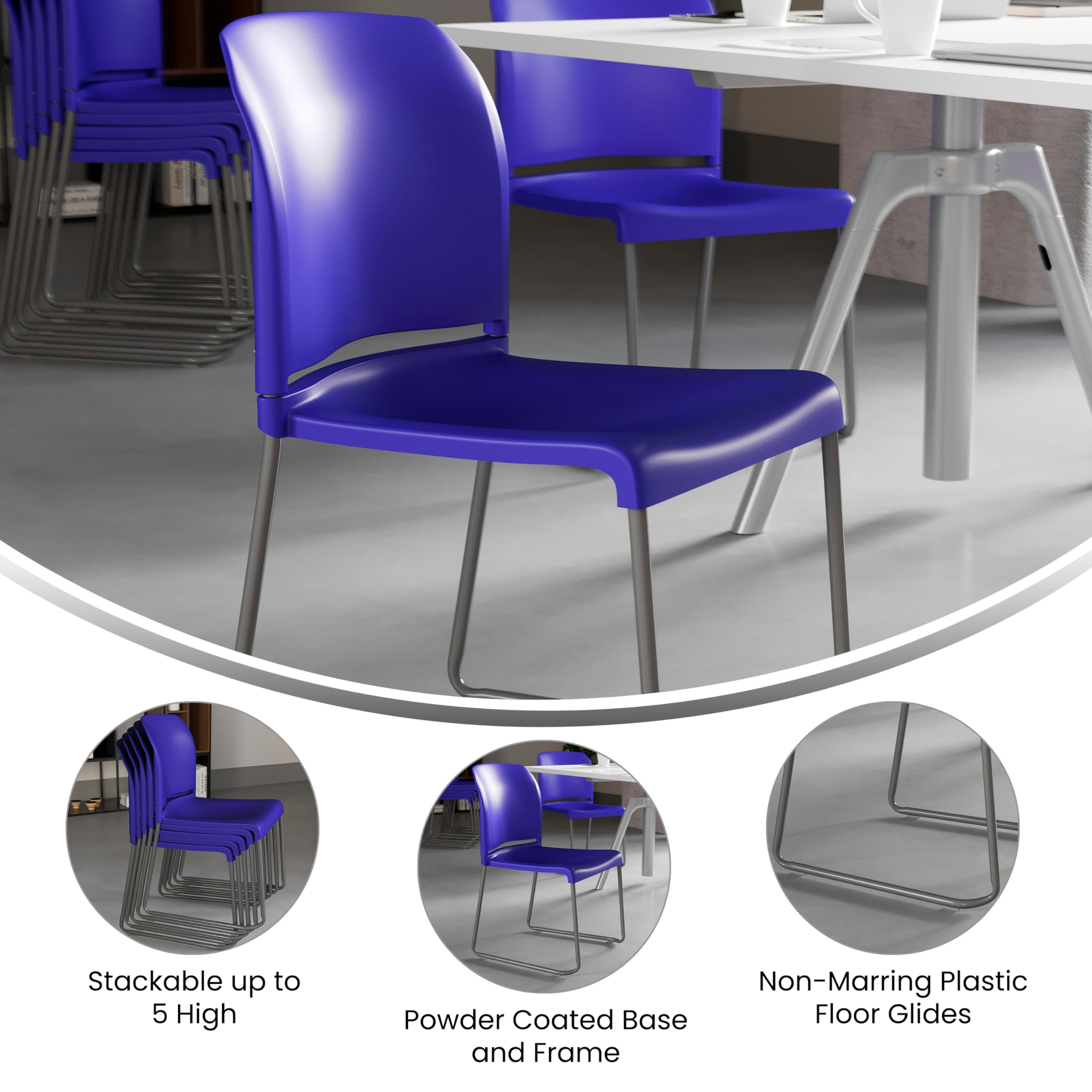 EMMA + OLIVER Egan Heavy Duty Stack Chair - Blue Full Back Ergonomic Seat - 880 lb Weight Capacity - Gray Powder Coated Sled Base - Perfect for Office, Conference Room, and Event Seating