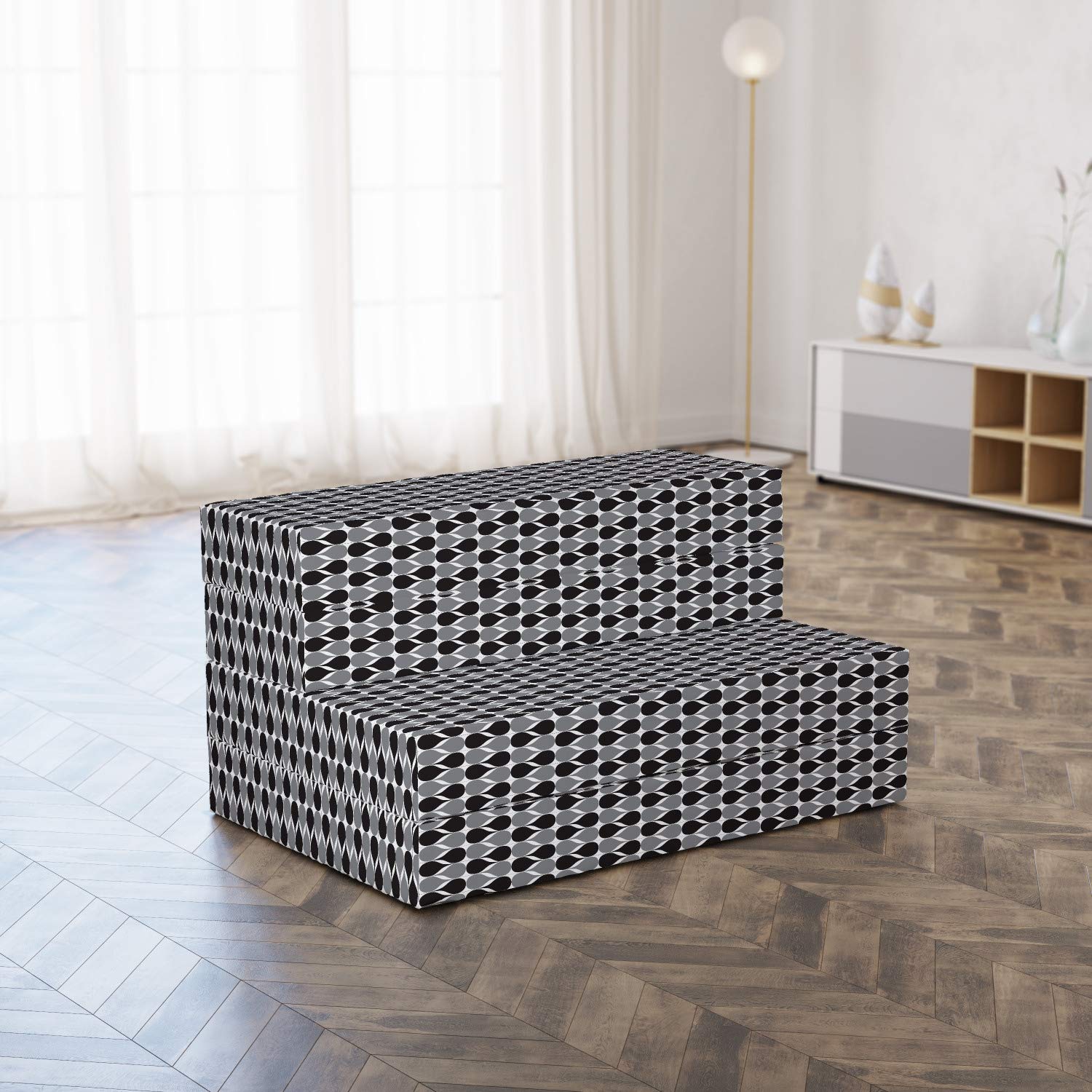 Ambesonne Retro Foldable Mattress - Abstract Classic Wavy Ovals Design, 74.8
