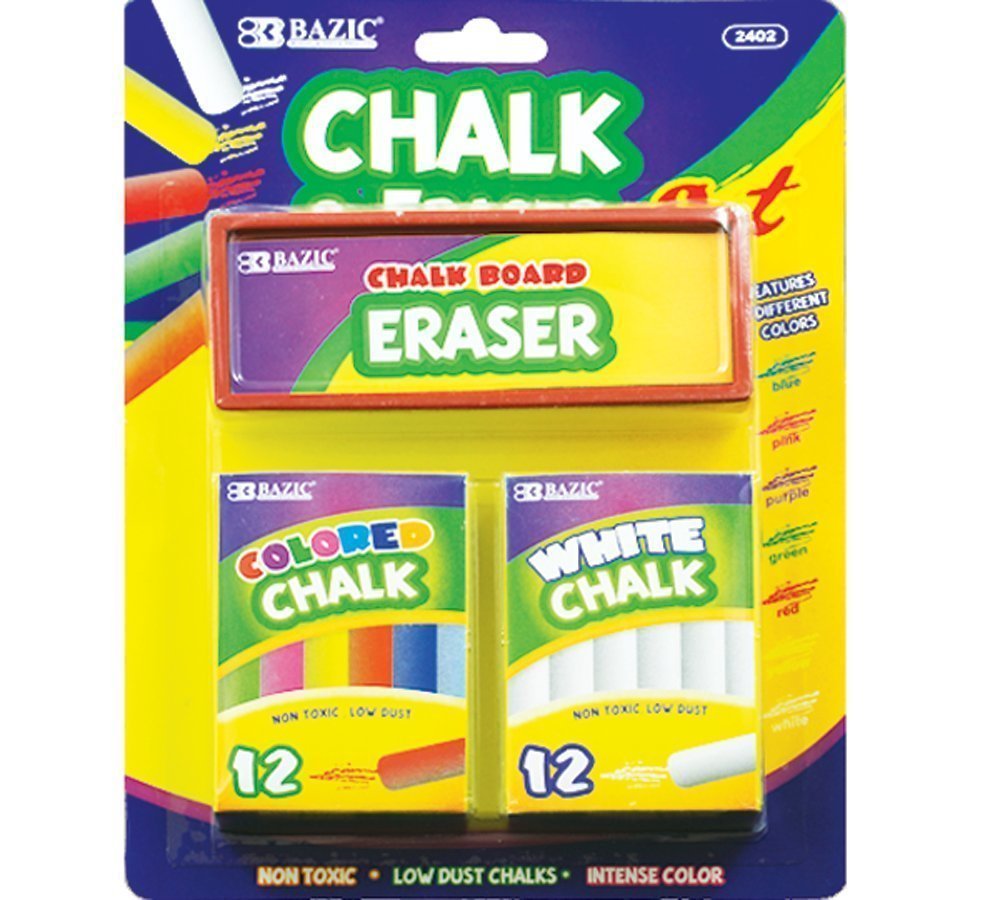 12-Piece Chalk Set with Eraser - 6 Colors & 6 White Chalk Sticks for Kids, Teachers & Classroom Use - Non-Toxic Dustless Chalk for Blackboard, Sidewalk & Art Projects