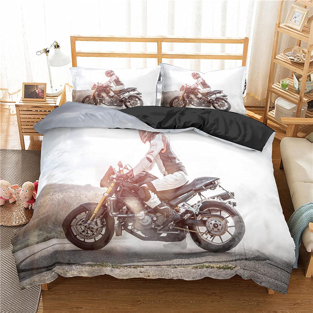 King Size 3-Piece Duvet Cover Set - Motorcycle Themed Boys' Bedding with Anti-Wrinkle Fluffy Fabric (104