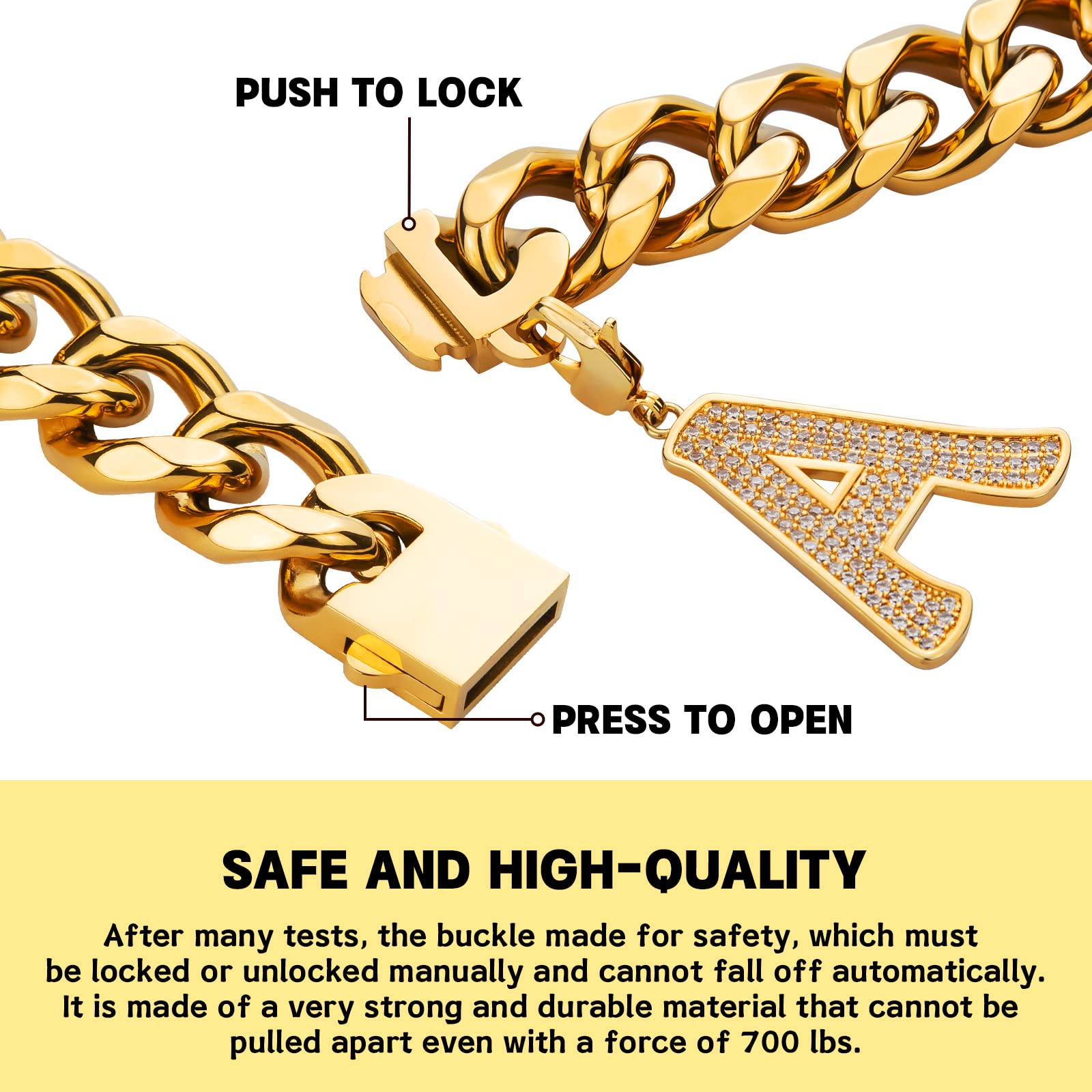 Personalized Gold Chain Dog Collar with Bling Zircons - Heavy Duty Chew Proof Cuban Link Metal Necklace for Medium & Large Dogs - Perfect for Pet Fashion, Special Occasions & Daily Walks (Letter M, 16IN)