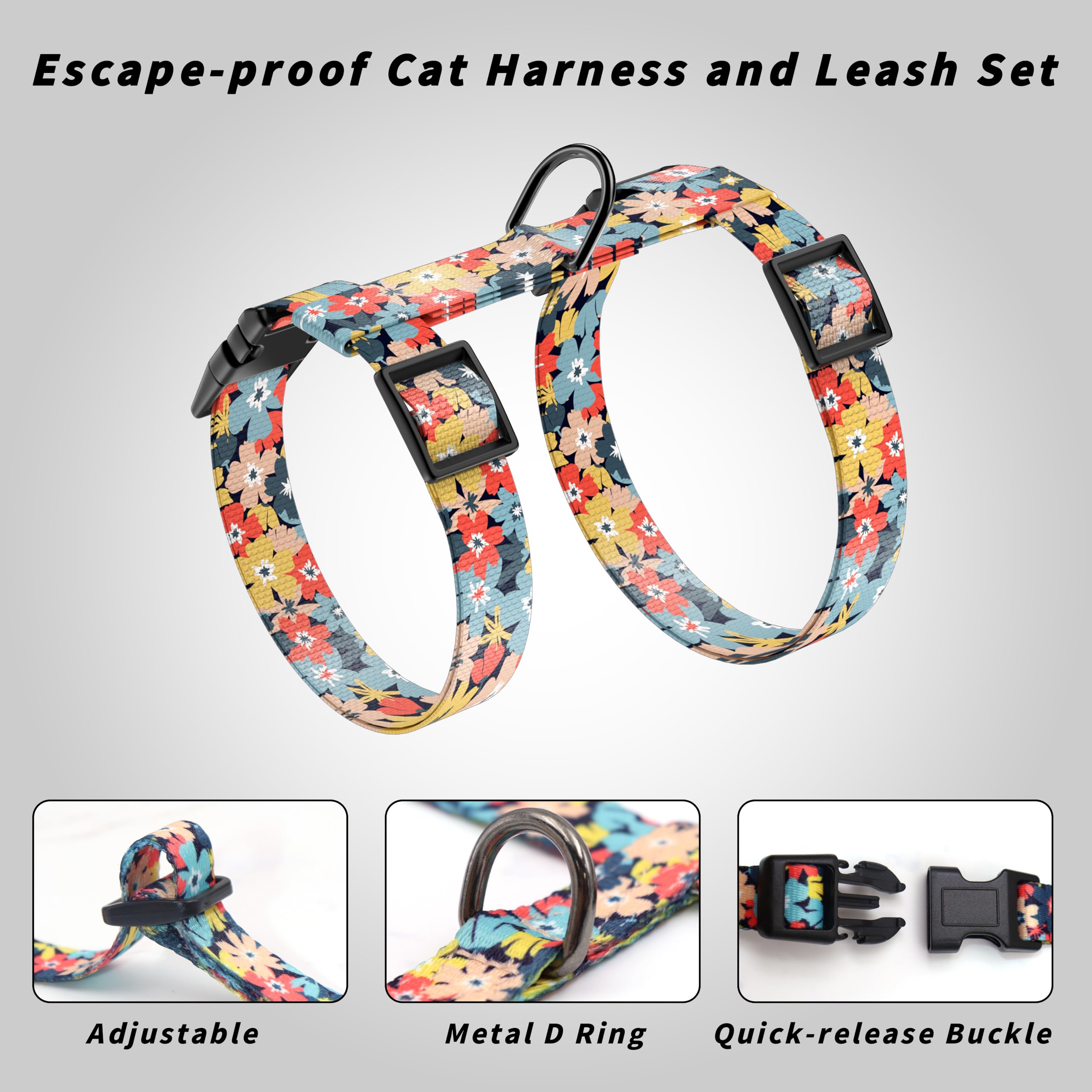 Adjustable Escape-Proof Cat Harness & Leash Set - Soft Lightweight Pet Walking Vest for Small to Medium Cats - Multi-Floral Design - Perfect for Outdoor Adventures, Travel & Daily Walks