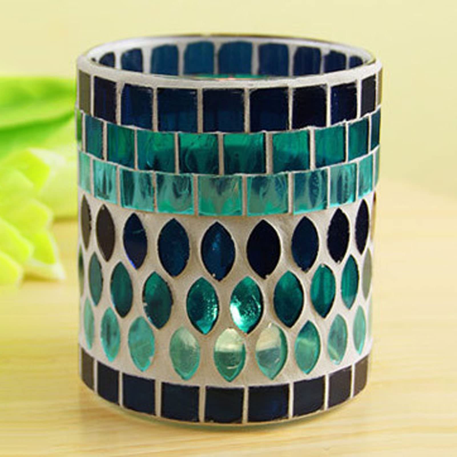 Handmade Mosaic Glass Candle Holder - Blue Votive Tealight Holder for Home Decor, Wedding Centerpiece, Romantic Dinner Ambiance