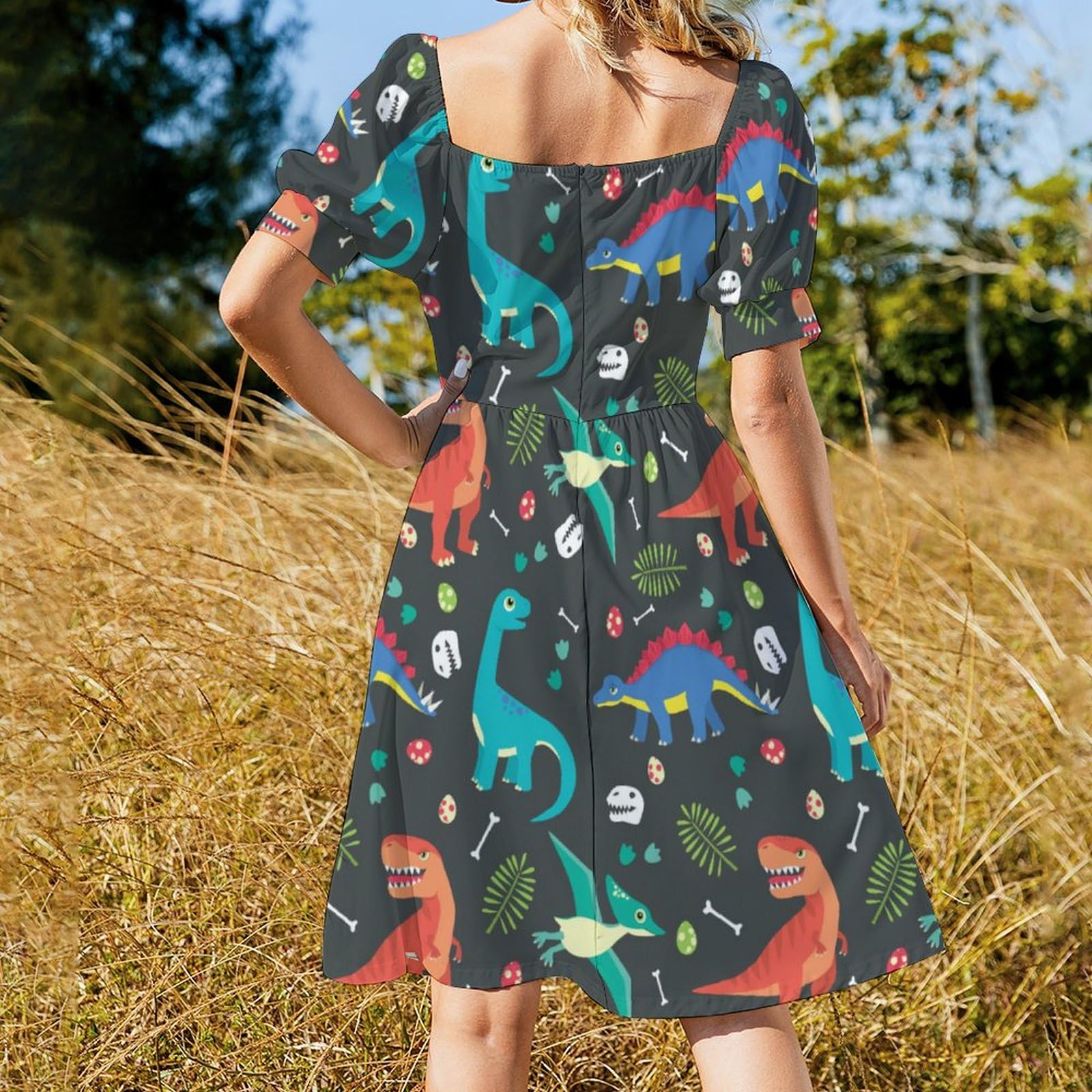 Vibrant Dinosaur Print Women's Short Sleeve Square Neck Party Dress - Swing Midi Dress for Beach, Summer Outings & Casual Wear