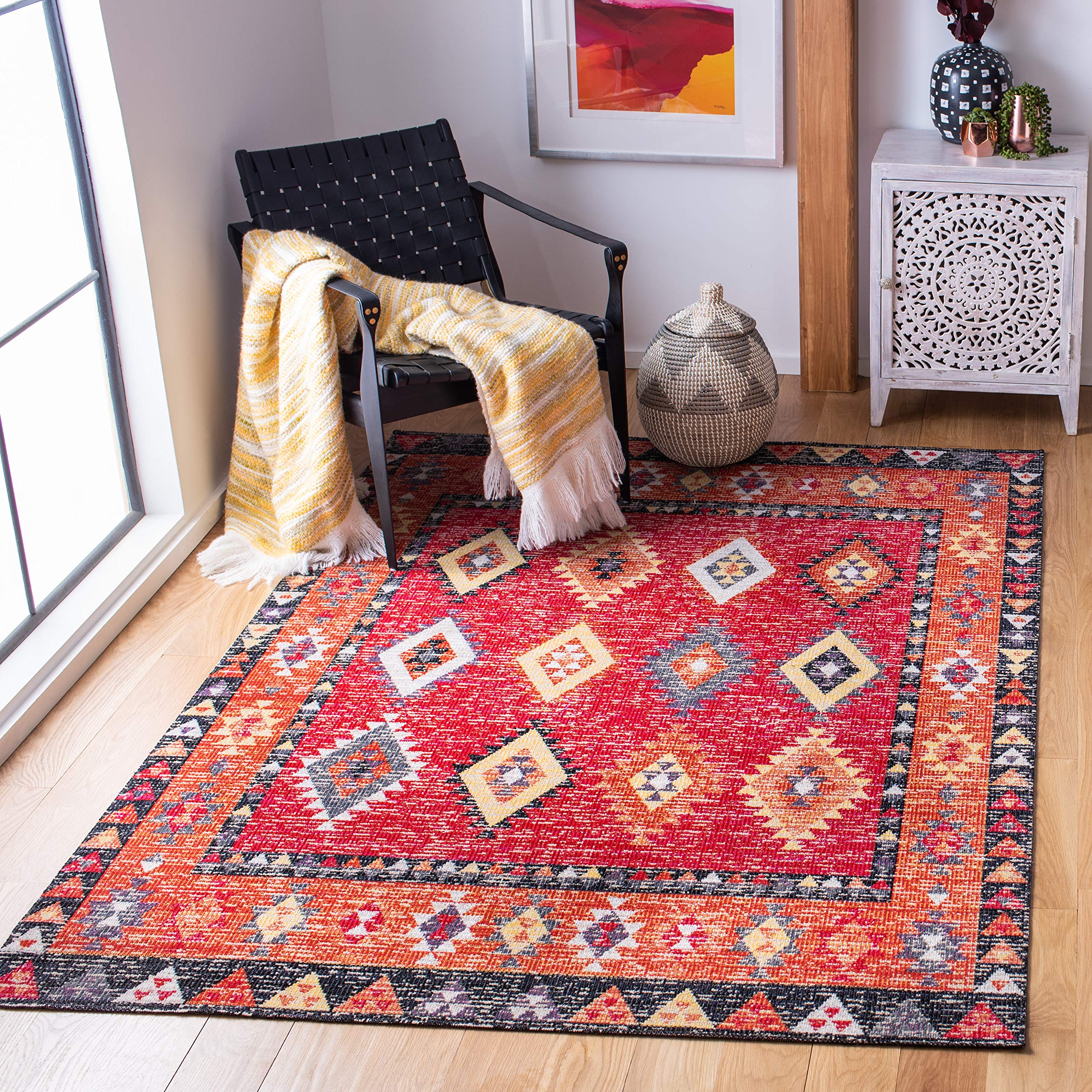SAFAVIEH Montage Collection 3' x 5' Red & Black MTG201Q Boho Indoor Outdoor Rug - Non-Shedding, Easy to Clean, Stain Resistant - Perfect for Patio, Backyard, Porch, Deck, Mudroom & Living Room Decor