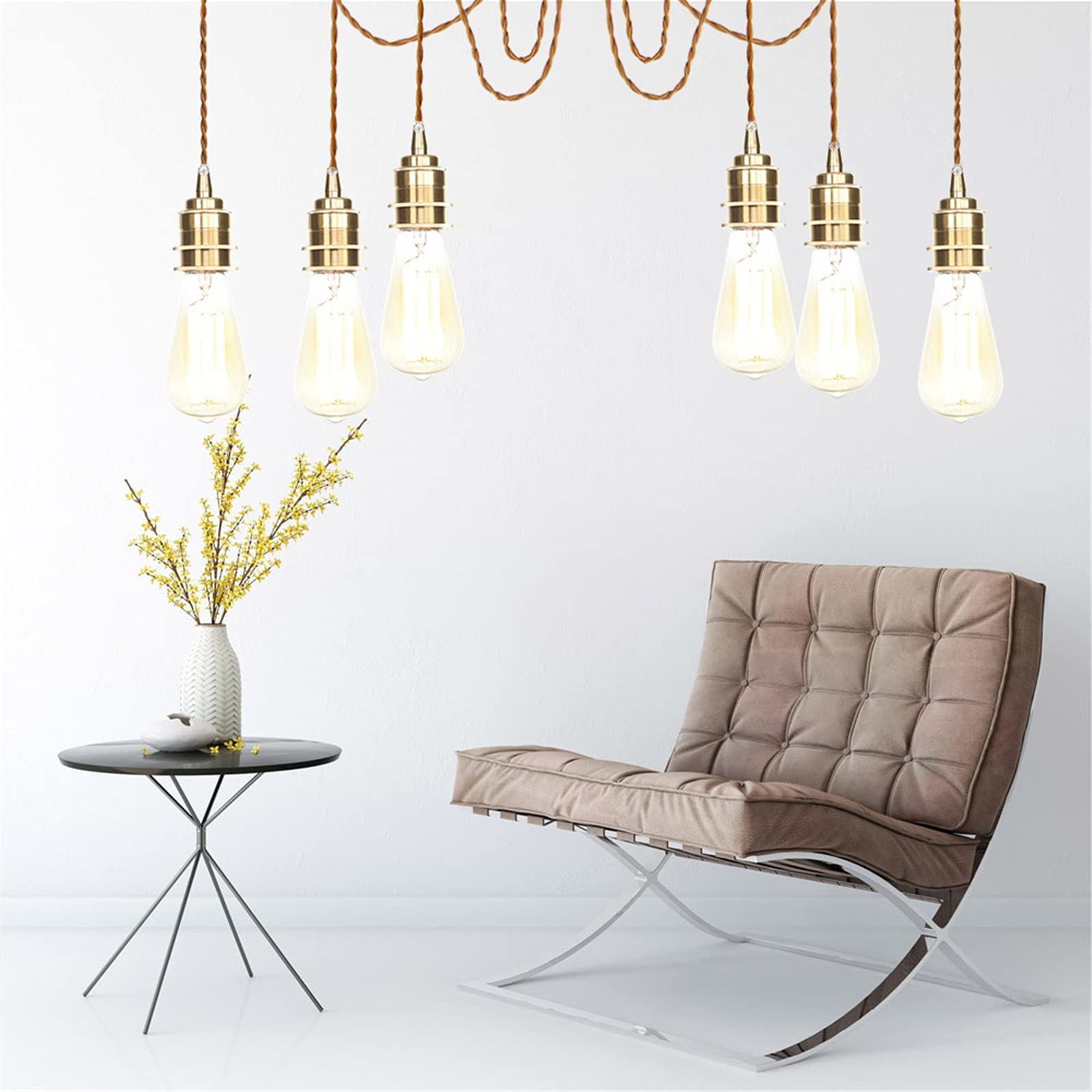 Vintage Edison Pendant Lights - Adjustable Height Industrial Hanging Chandelier with 6 Gold Copper Spider Lamps | Perfect for Dining Room, Kitchen Island, Bar, and Living Room Ceiling Lighting