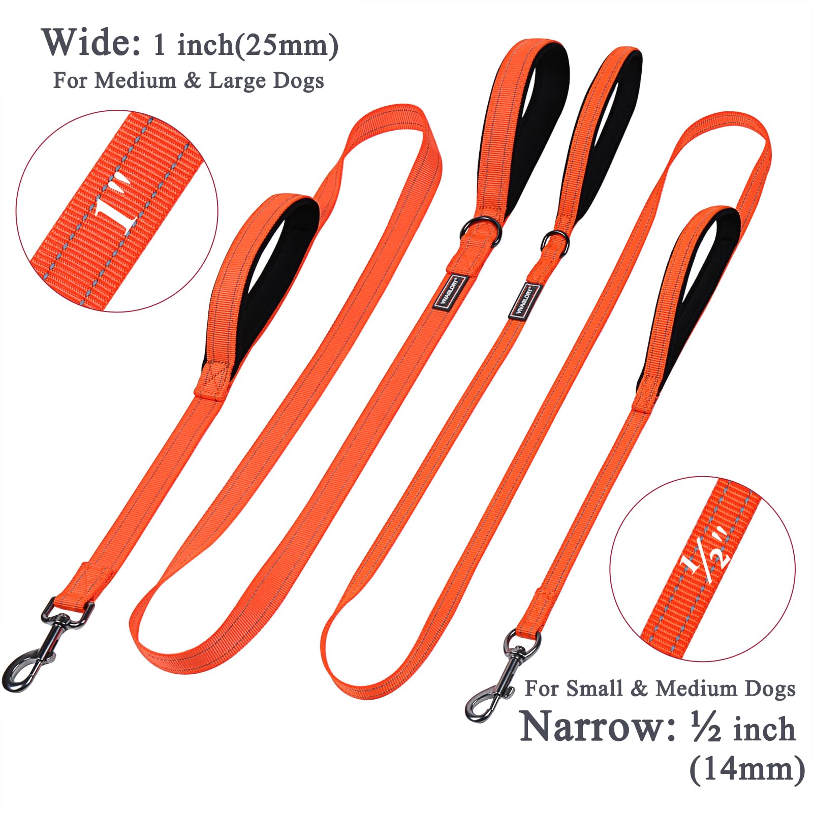 VIVAGLORY Heavy Duty Reflective Dog Leash with Dual Padded Handles - Strong Metal Hook Training Lead for Large Dogs - Orange - Perfect for Walking, Running & Nighttime Safety