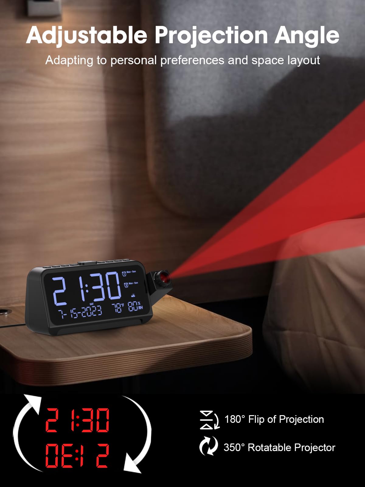 ROCAM Digital Projection Alarm Clock with 180° Ceiling/Wall Display - Dual Alarm, Temperature & Humidity Sensor, 2 USB Ports, Adjustable Brightness for Bedrooms | Perfect for Home, Office, Dorm Room with Weekday/Weekend Mode & Snooze Function