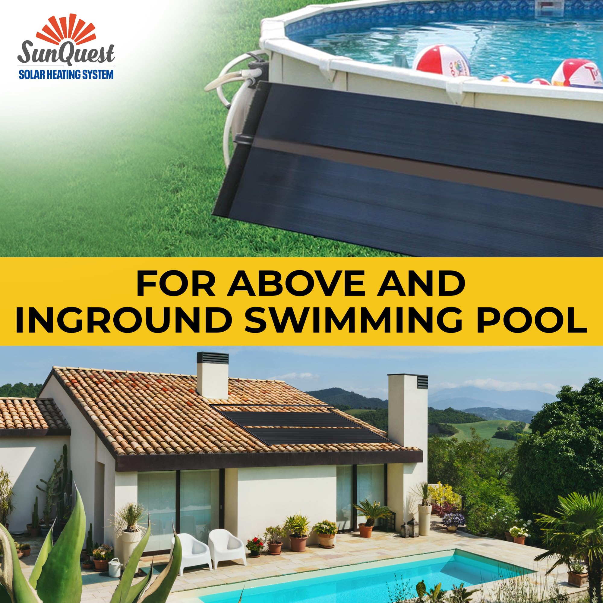 SunQuest Solar Pool Heater Panels - 2 Pack (2ft x 10ft) Solar Water Heating Collectors with Roof/Rack Kit - Energy Efficient Above Ground & Inground Pool Heater - DIY Installation, UV Resistant Polypropylene Panels - Perfect for Backyard Swimming Pools, Spas & Hot Tubs