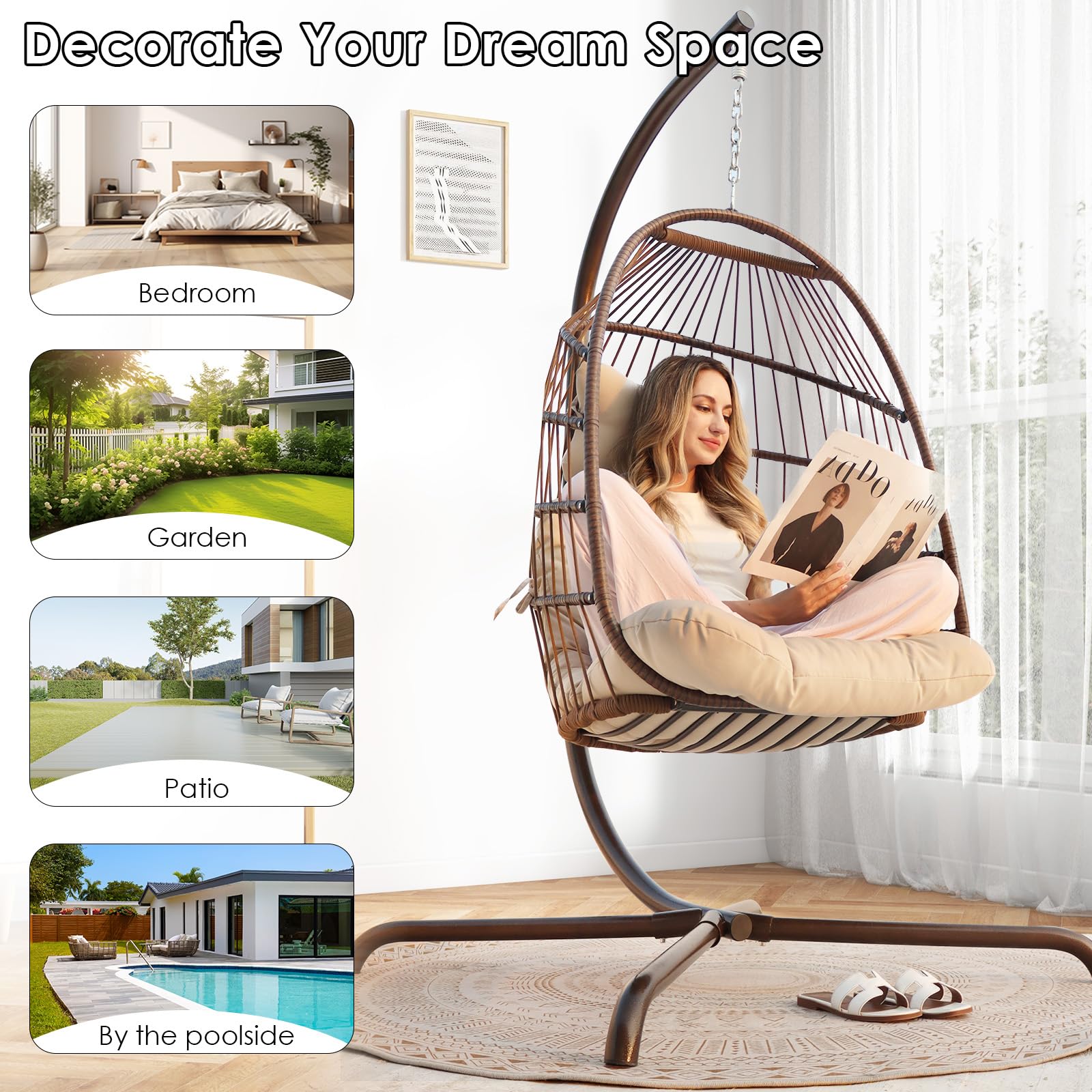 Outdoor Hanging Egg Chair with Stand - 350lbs Capacity PE Rattan Wicker Swing Chair with Waterproof Cushions, Foldable Basket Design for Patio, Garden, Bedroom & Indoor Use (Brown) | Perfect for Relaxing, Reading & Lounging in Backyard or Sunroom