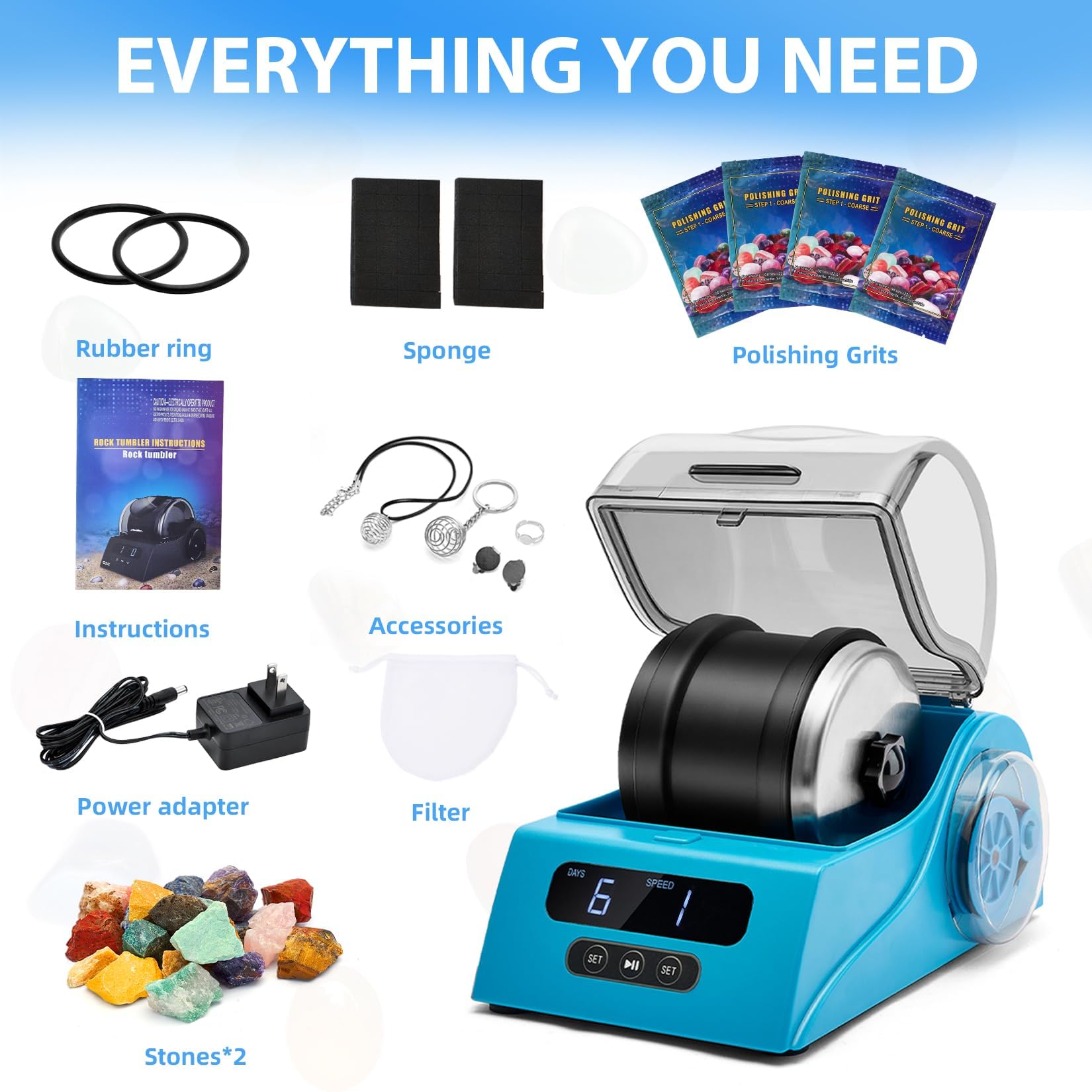 Premium Rock Tumbler Kit for Adults & Kids - Quiet Noise Reduction Cover, Adjustable Speed & Timer, 4 Polishing Grits, Rough Gemstones - Complete Rock Polishing Science Kit for Geology Enthusiasts (Blue) - Perfect for Home Science Projects, Classroom Learning & DIY Jewelry Making