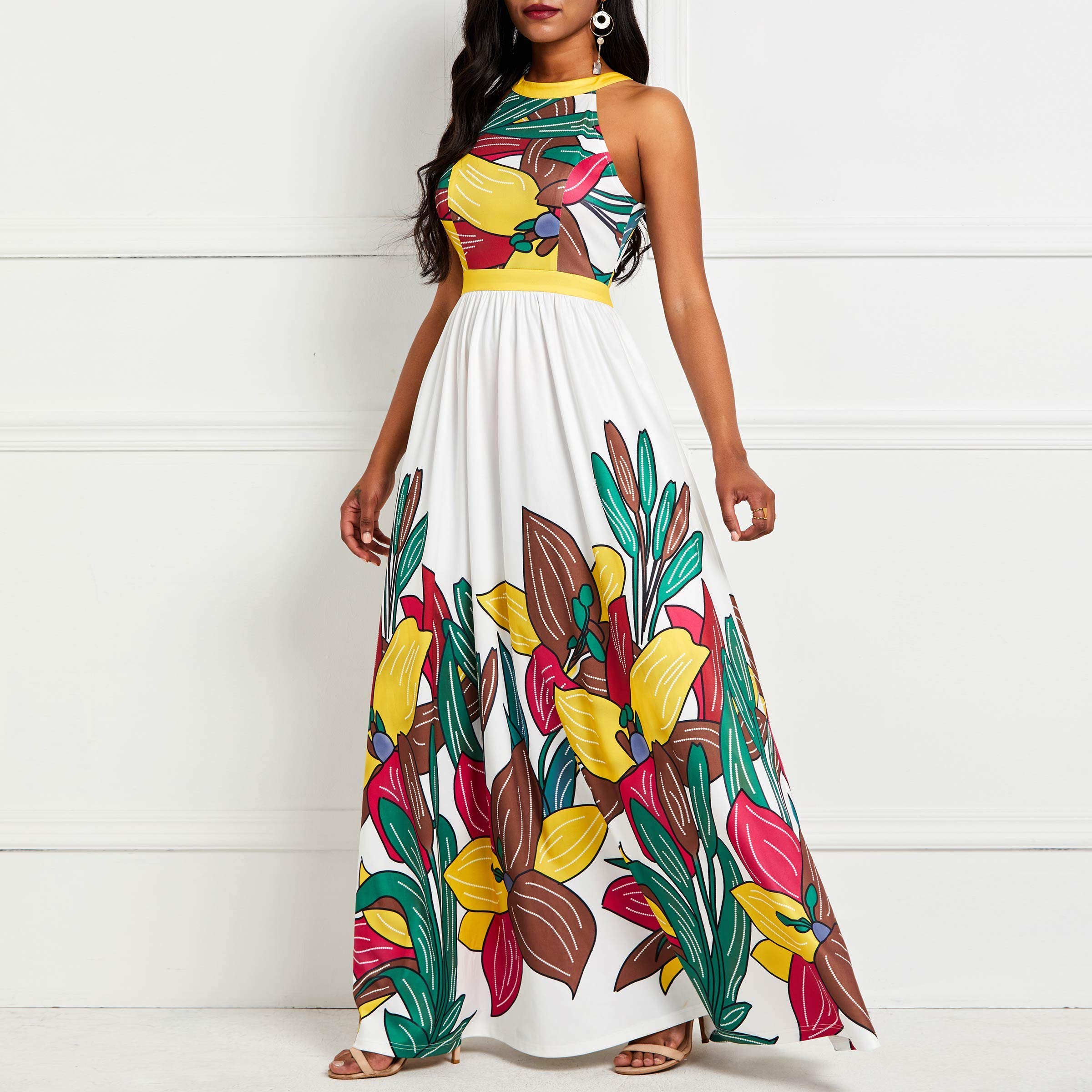 VERWIN Women's Sleeveless Floral Print Maxi Dress - Elegant Floor-Length Party & Cocktail Dress for Summer Weddings, Beach Vacations & Special Occasions