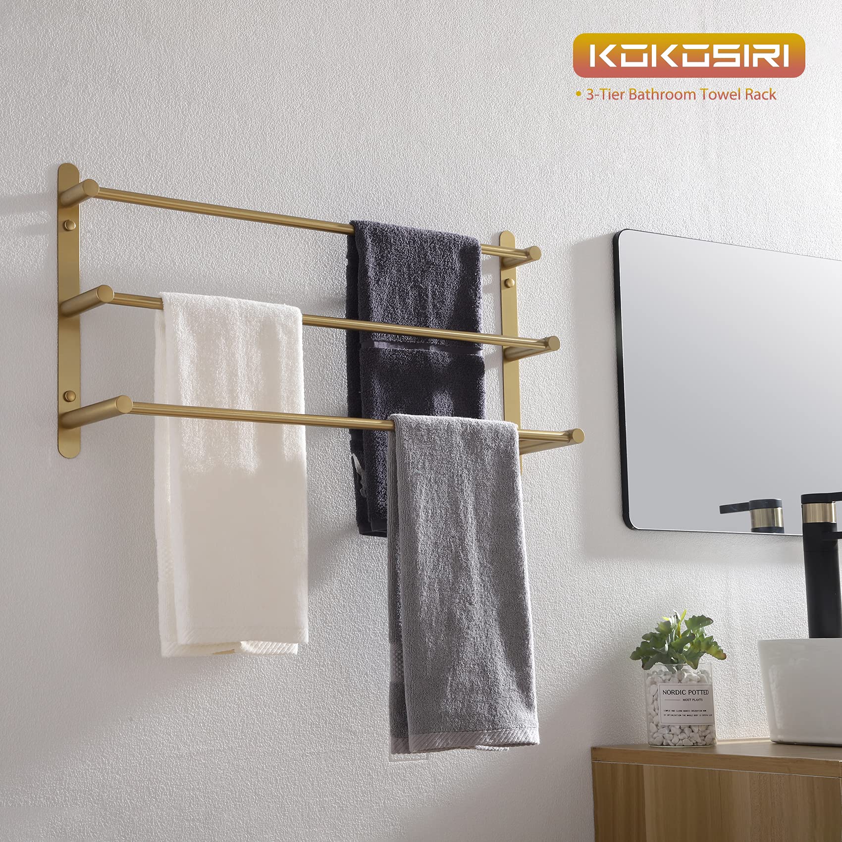 Stainless Steel 3-Tier Ladder Towel Holder - Wall Mounted Bathroom Towel Rack with Shelves (Brushed Gold, B5002BG-L24) - Perfect for Spa, Guest Bathroom & Luxury Home Decor
