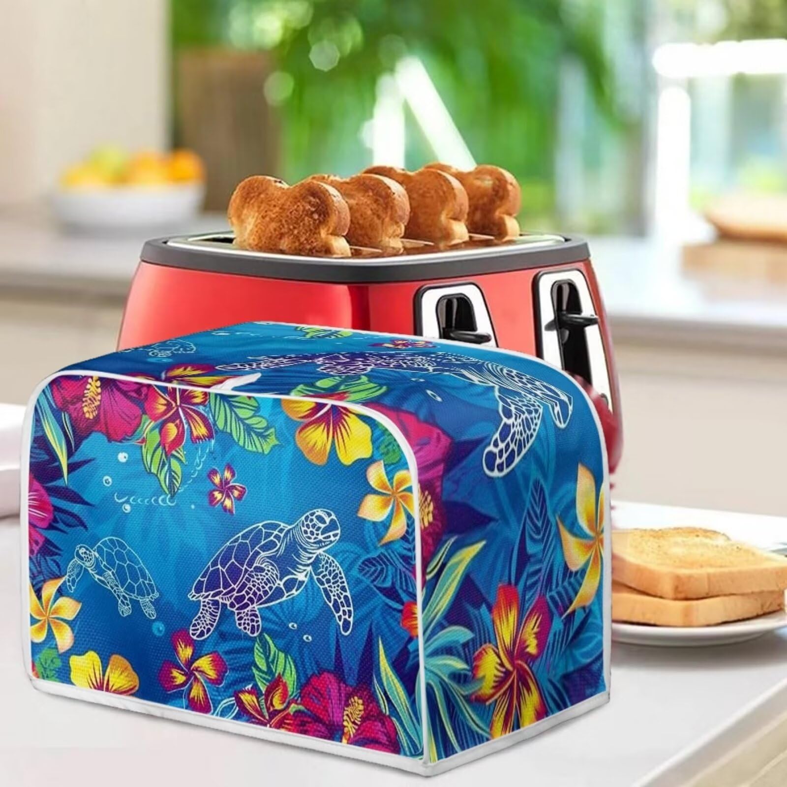 Sea Turtle Bread Toaster Cover 2 Slice - Dustproof & Anti-Fingerprint Toaster Oven Cover - Decorative Kitchen Appliance Protector - Blue Plumeria Design - Perfect for Home, Office, and Dorm Use