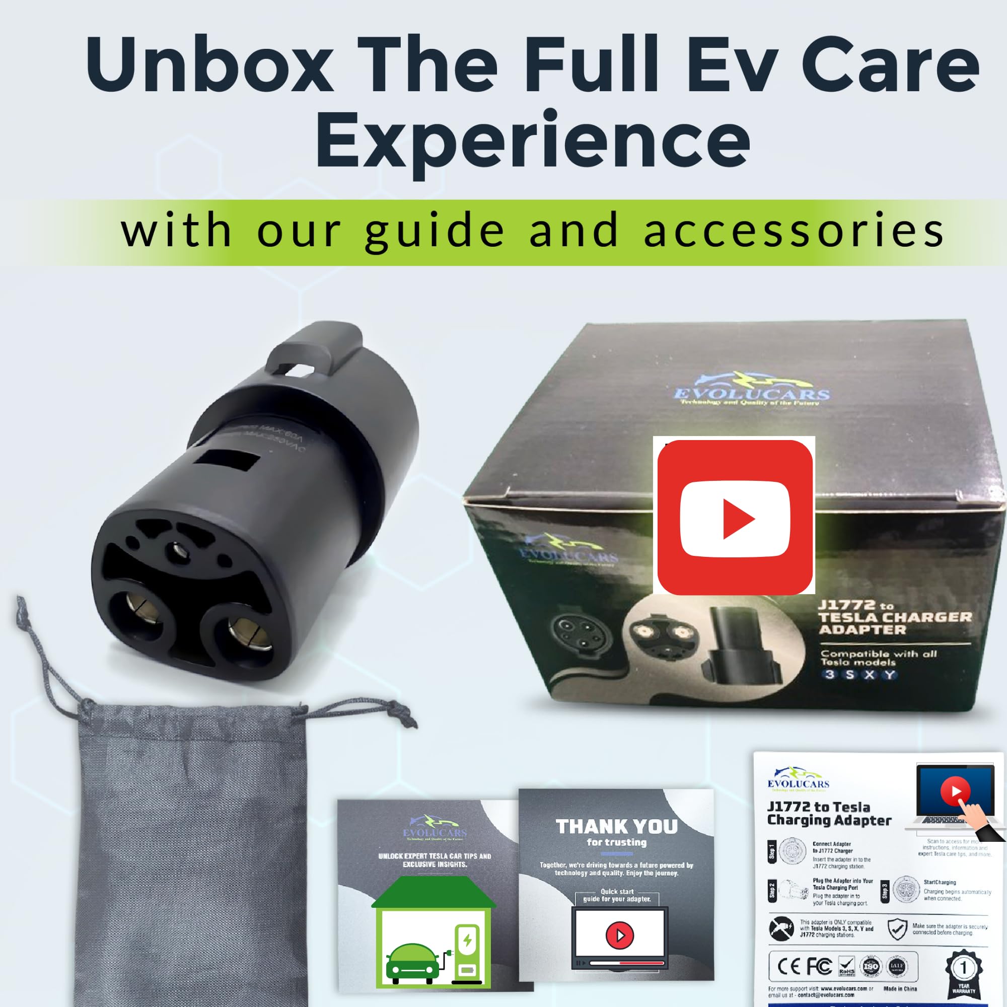 J1772 to Tesla Adapter - 4 Safety Certified EV Charger Converter for Tesla Model 3/Y/X/S with Video Tutorial & Battery Care Guide | Perfect for Home, Workplace & Public Charging Stations