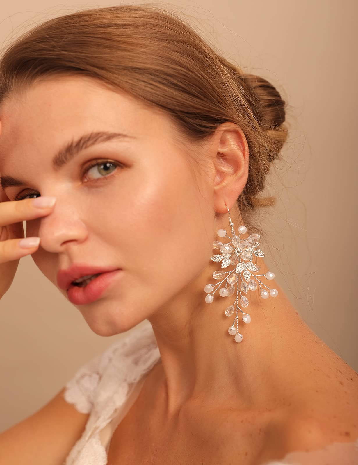 **Elegant Crystal Beaded Flower Earrings for Women - Silver Bridal Wedding Earrings for Bride, Bridesmaid & Prom - Perfect for Weddings, Parties & Special Occasions**