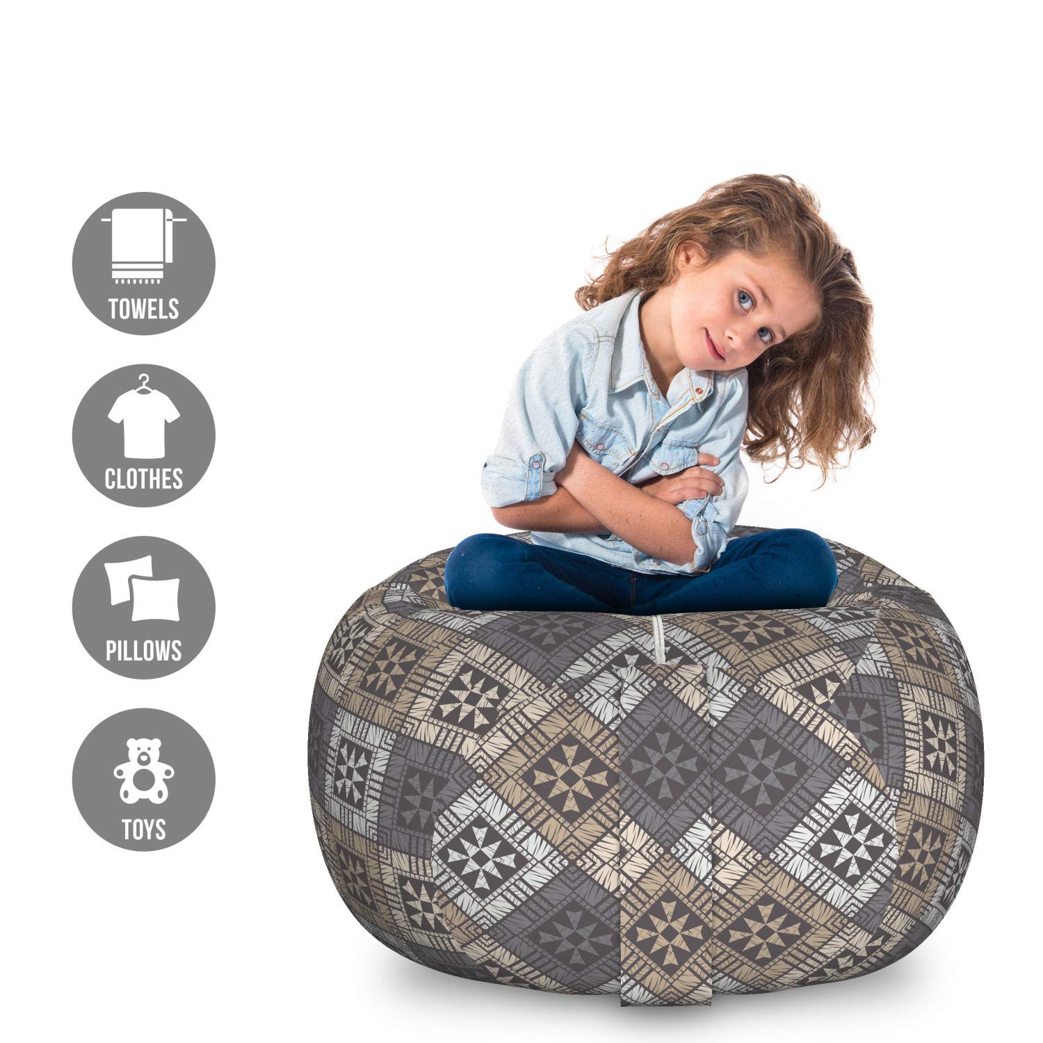 Ambesonne Large Washable Toy Storage Bag Chair - Abstract Ethnic Design, Durable Stuffed Animal Organizer in Gray | Perfect for Kids' Room, Nursery, Playroom & Home Organization