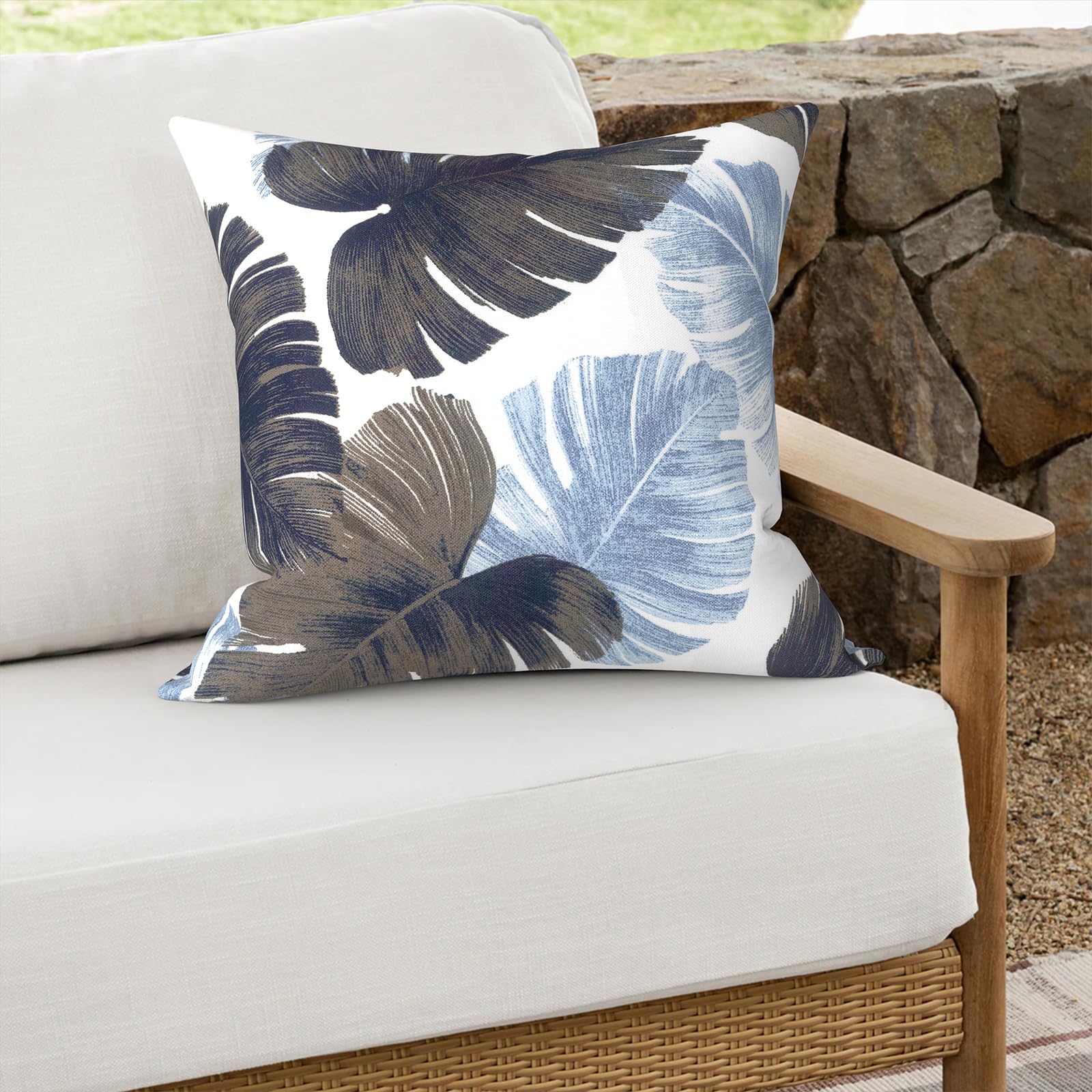 16x16 Inch Waterproof Outdoor Throw Pillows Set of 2 - Monstera Blue Patio Cushions for Garden Furniture, Deck & Porch Decor | All-Weather Home Accessories for Poolside Lounging & Backyard Relaxation