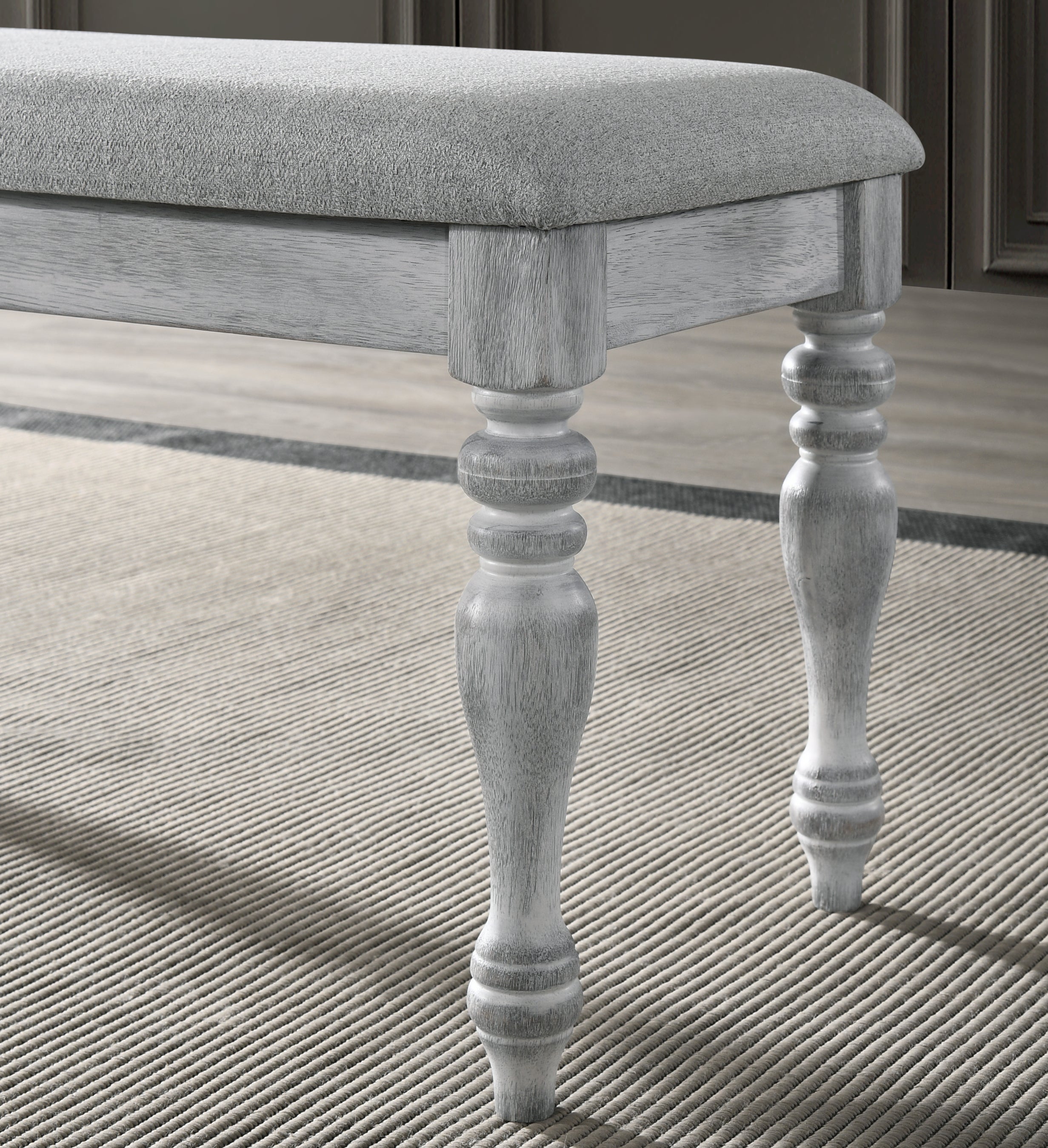 Roundhill Furniture Salines Upholstered Turned Leg Dining Bench - Rustic White Farmhouse Style | Perfect for Kitchen Nook, Breakfast Bar & Dining Room Decor