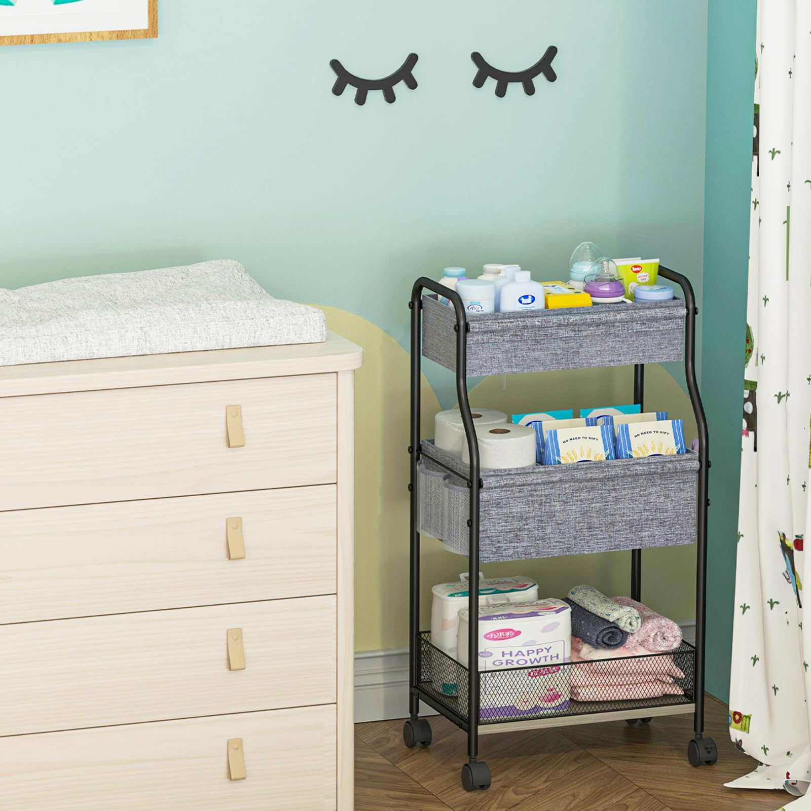 3-Tier Baby Diaper Caddy Organizer & Storage Cart with 4+2 Dividers, Mobile Rolling Utility Cart with Wheels for Nursery Essentials – Large Capacity Organizer for Diapers, Wipes, Toys – Perfect for Baby Room, Bedroom, Bathroom & Daycare Use