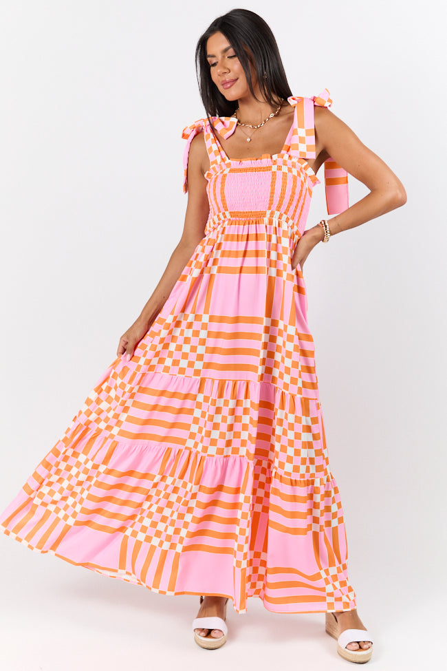 Pink and Orange Printed Checkered Maxi Dress for Women - Flowy Summer Beach Dress, Boho Chic Vacation Outfit, Casual Party Wear