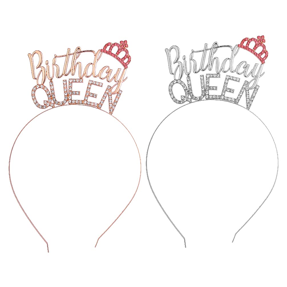 2pcs Silver & Gold Birthday Queen Headband Tiara for Women - Rhinestone Princess Crown Hair Accessories for Birthday Parties, Bachelorette, and Special Events