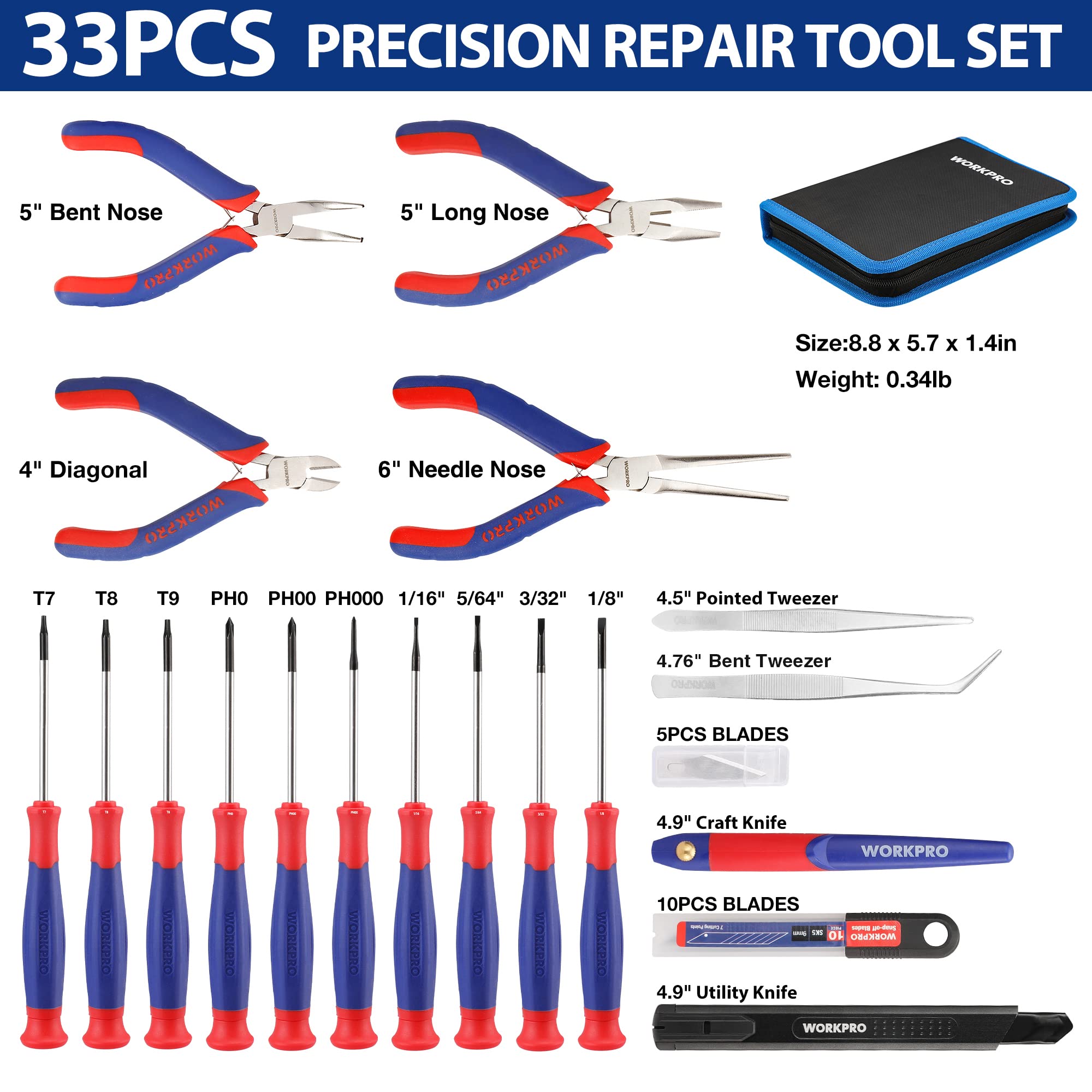 WORKPRO 33-Piece Precision Repair Tool Kit with Pliers, Screwdrivers, Craft Knife & Tweezers - Electronic Repair Tools for Laptops, Phones, Computers & Gaming Accessories - Perfect for DIY Repairs, Home Maintenance & Tech Enthusiasts