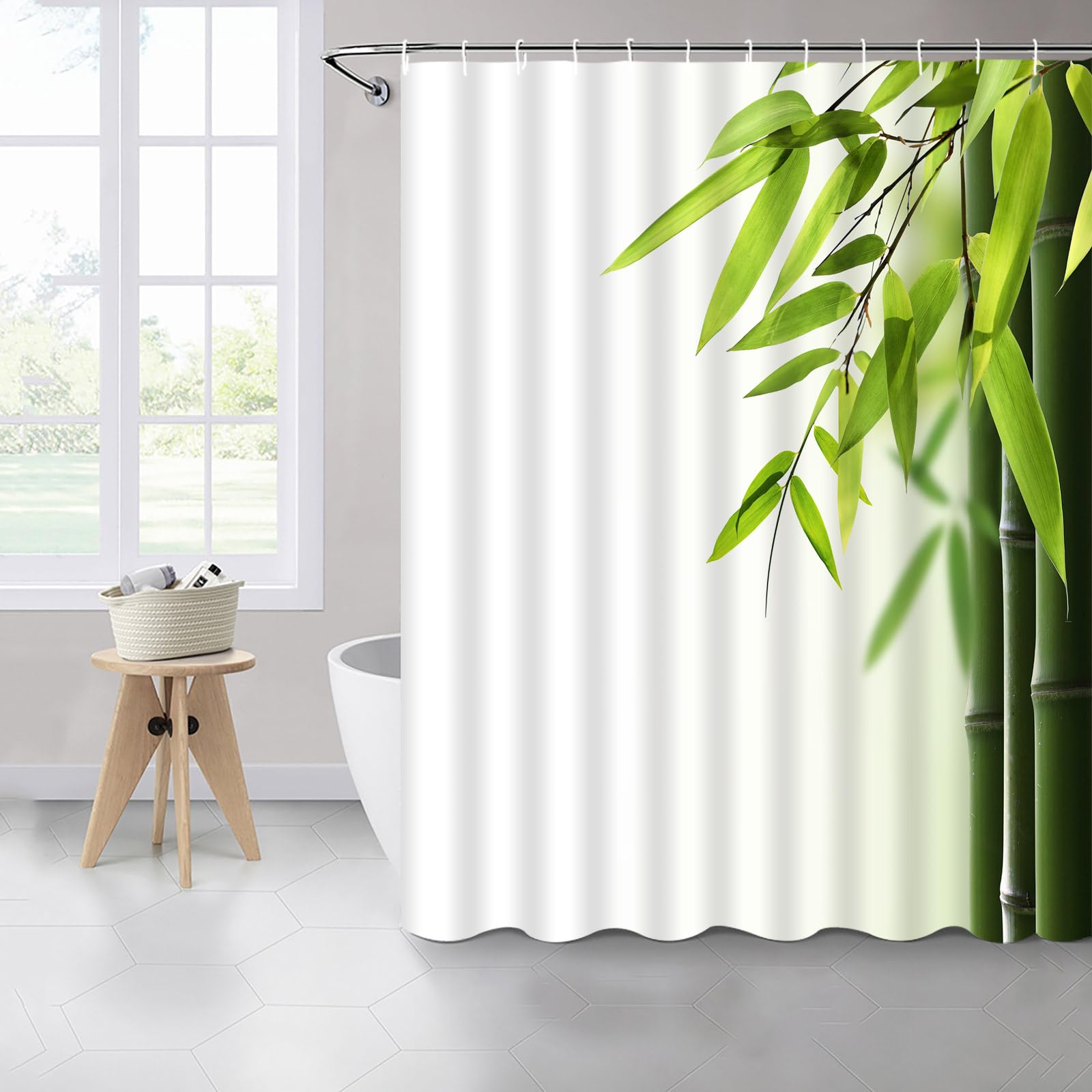 Eco-Friendly Green Bamboo Shower Curtain - Japanese Zen Style Spa Bathroom Decor with Leaf Pattern - 70x70 Inch Polyester Fabric Hanging Set with Hooks - Perfect for Meditation, Relaxation & Nature-Inspired Home Decor