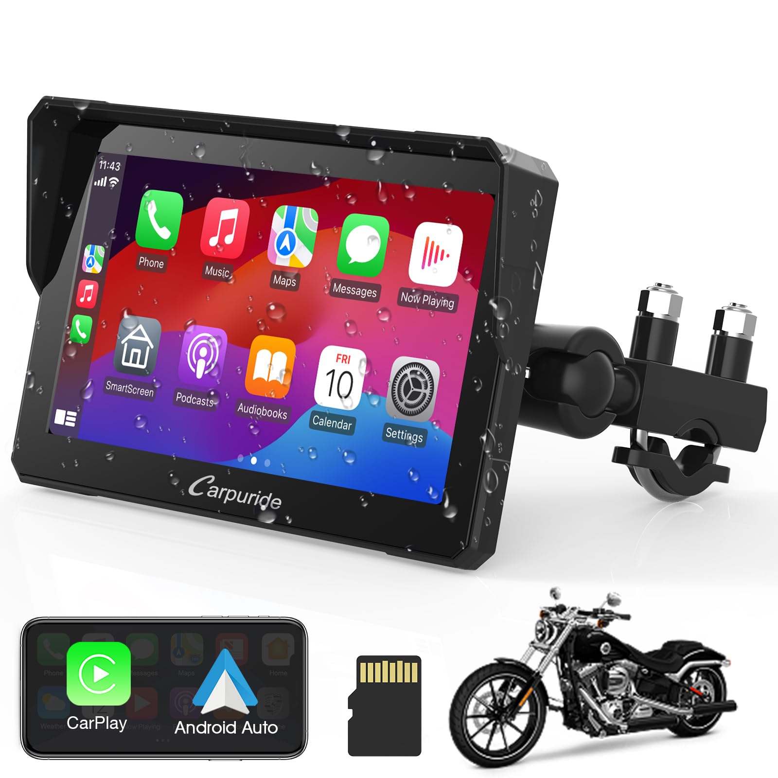 Carpuride W702 7-Inch Waterproof Motorcycle GPS Navigation System with Apple CarPlay & Android Auto, Dual Bluetooth, Siri & Google Assistant, 64GB TF Card - Perfect for Adventure Riding, Commuting & Road Trips