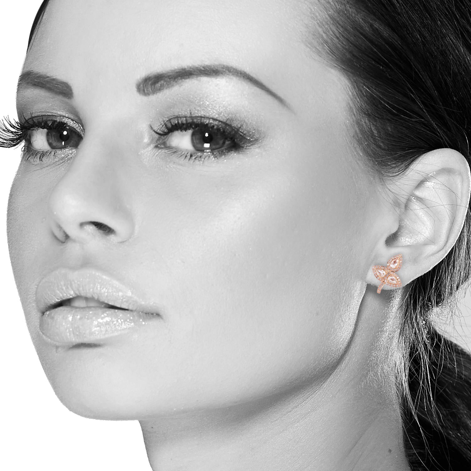 18K Rose Gold Leaf Stud Earrings with Rose Cut Diamond - Elegant Dainty Jewelry for Women, Perfect for Weddings, Anniversaries & Everyday Wear