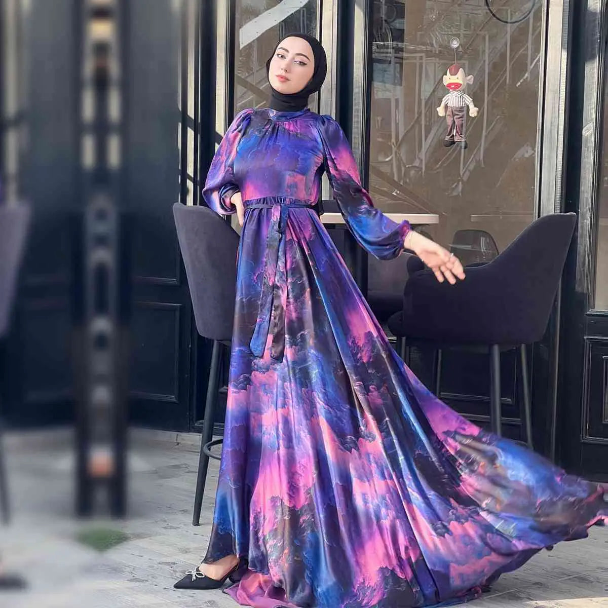 Elegant Printed Muslim Women's Satin Abaya Dress - Modest Islamic Prayer Dress for Eid, Wedding & Special Occasions