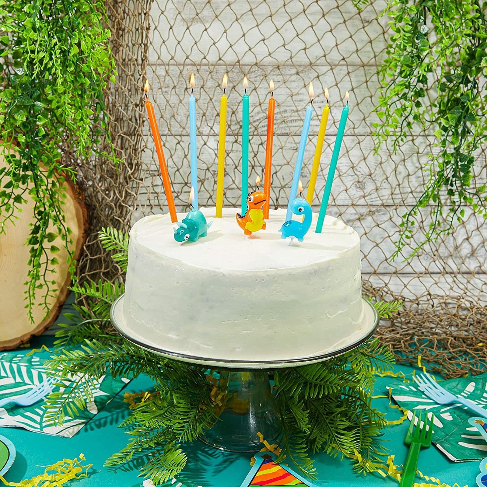 BLUE PANDA - 18-Pack 3D Dinosaur Cake Toppers with Thin Candles & Holders for Birthday Party Decorations, Dino Themed Cakes, Kids Celebrations and Special Events