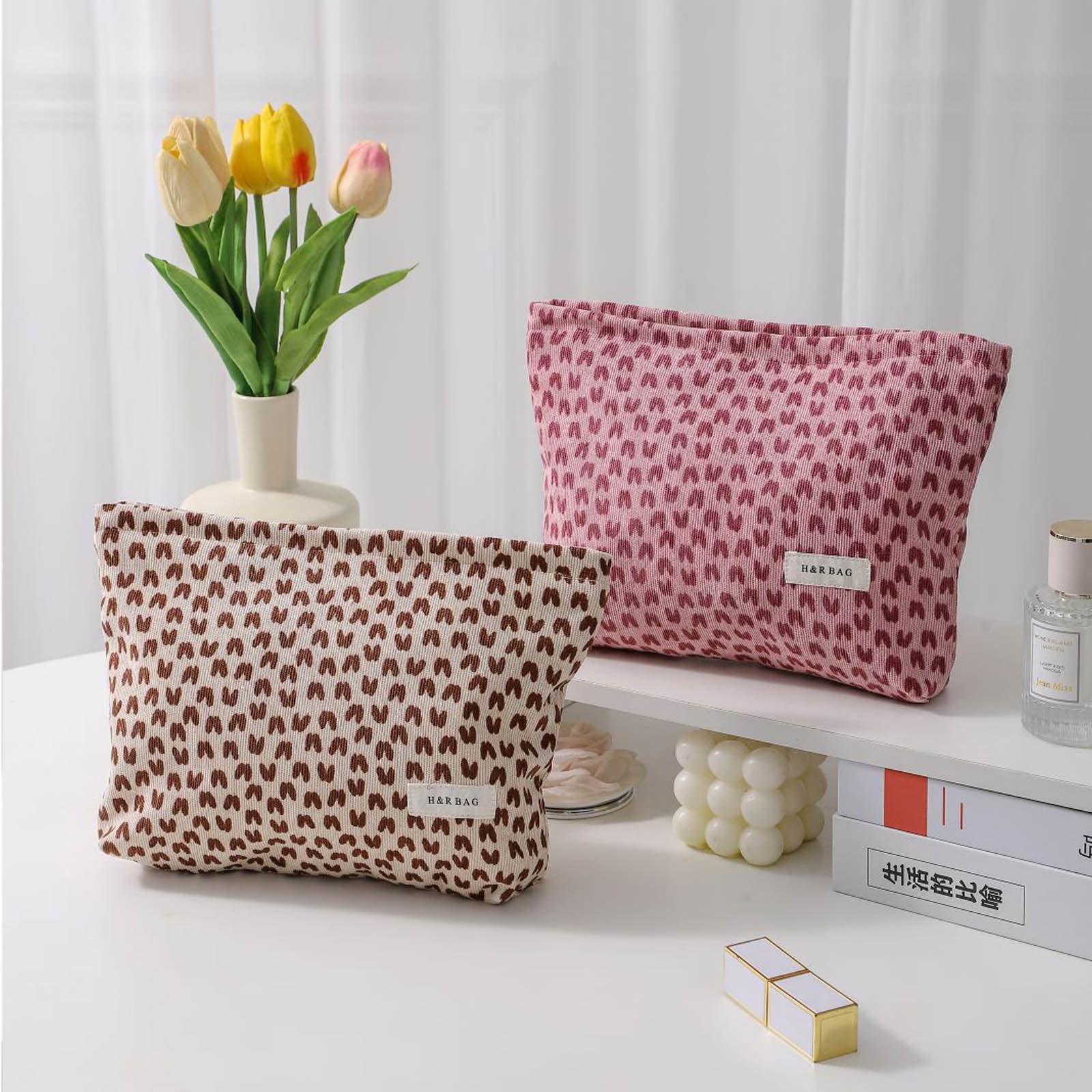 HEY M&Q Women's Pink Heart Corduroy Makeup Bag - Small Travel Toiletry Pouch, Portable Cosmetic Organizer with Zipper for Daily Use, Gifts, and Travel Essentials