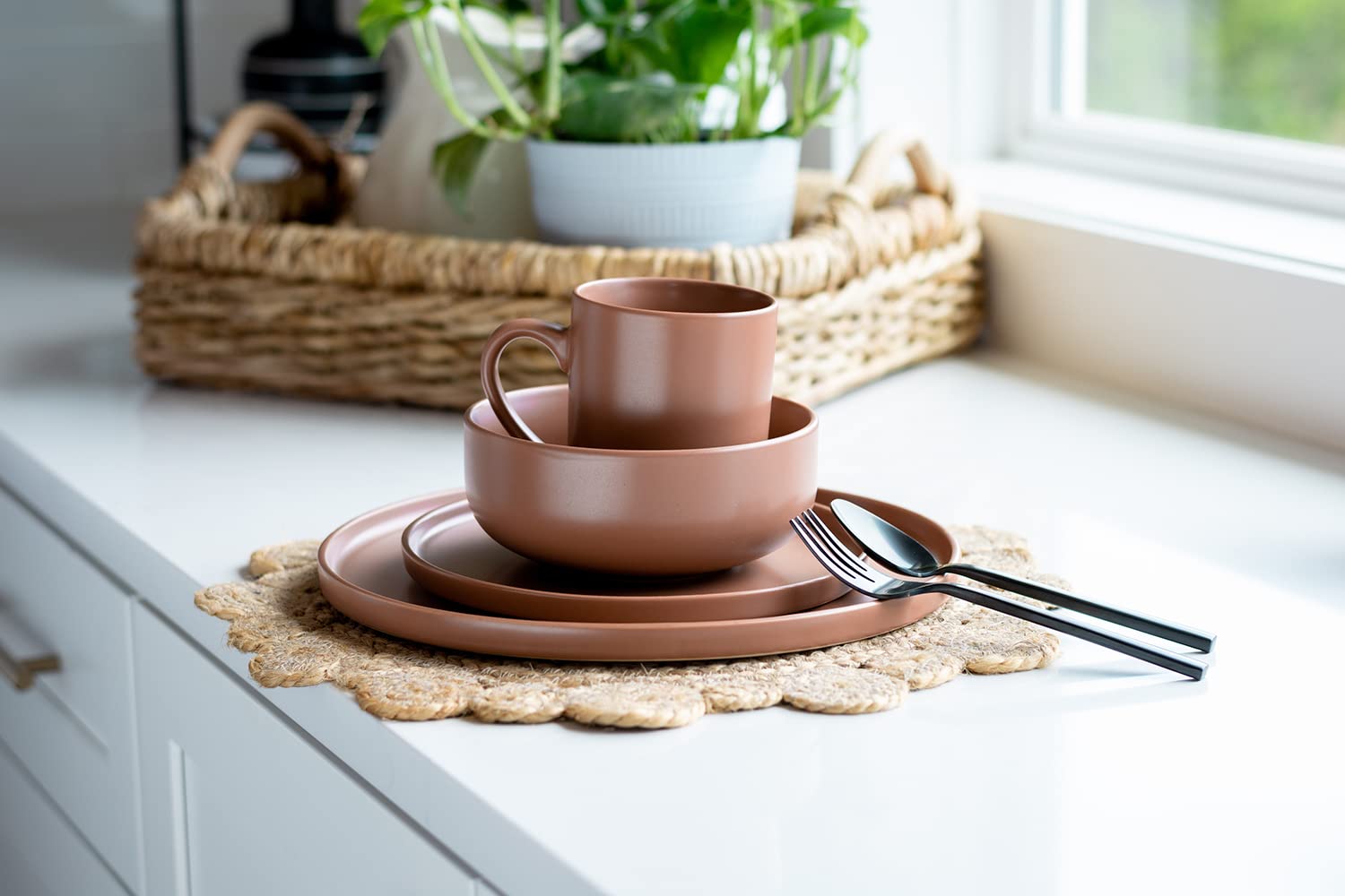 Modern Flat Dinnerware Set of 4 - 15oz Terracotta Coffee Mugs for Kitchen & Dining | Rustic Ceramic Cups for Home, Office, or Restaurant Use