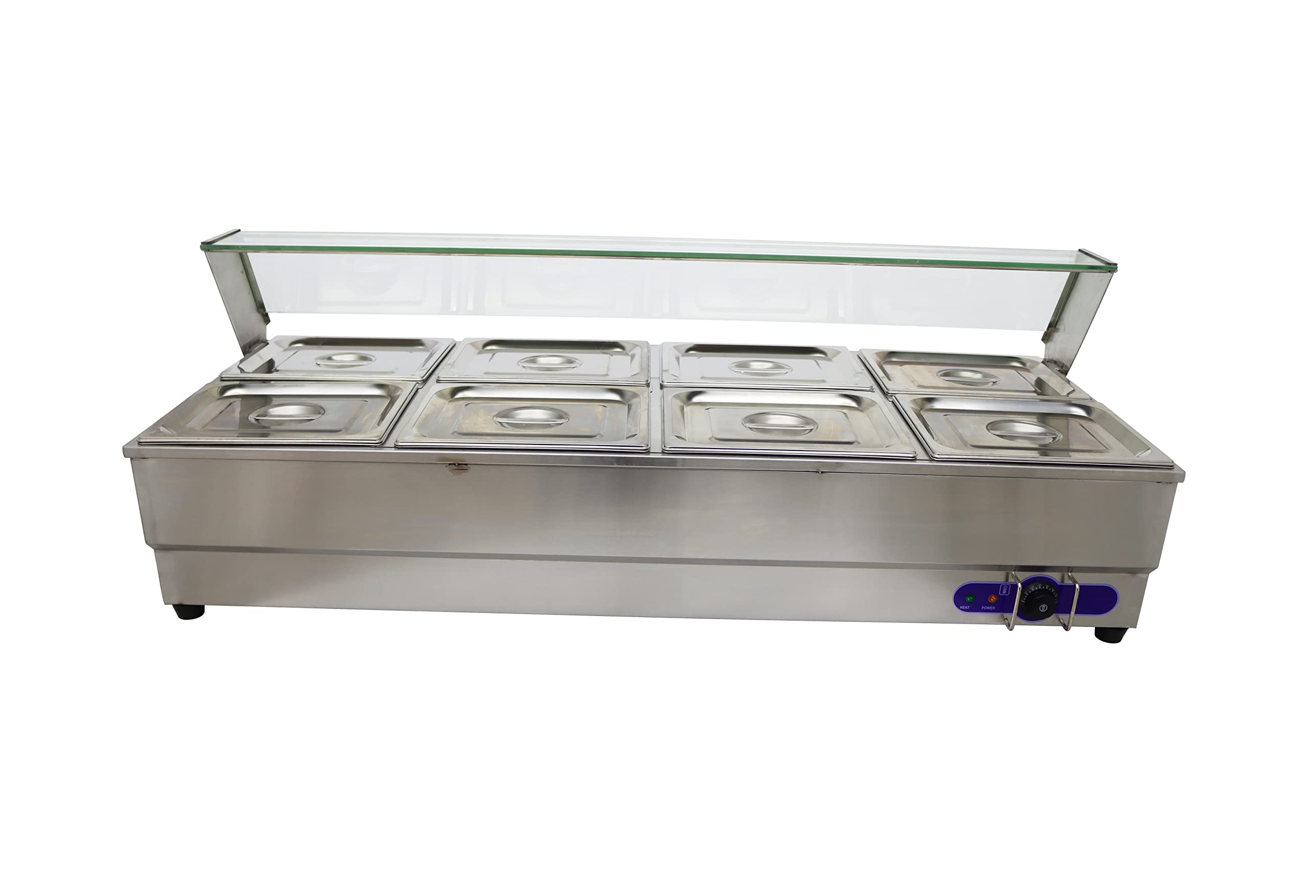 INTSUPERMAI Commercial 8-Pan Food Warmer - 6-Inch Deep Stainless Steel Bain Marie with Glass Shield - Countertop Buffet Steam Table for Soup, Canteen & Catering - 110V Electric Food Warmer for Restaurants, Cafeterias & Events