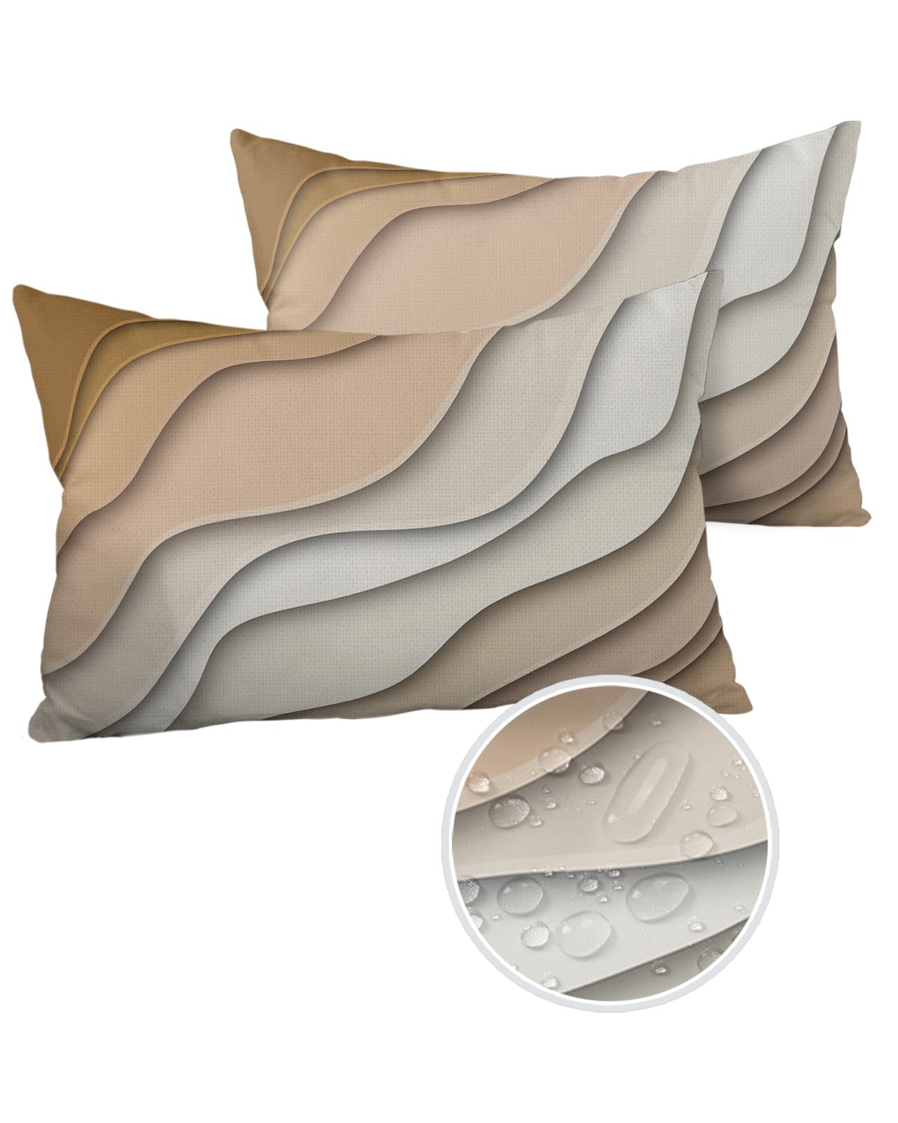 Waterproof Outdoor Throw Pillow Cover Set of 2 - Modern Geometric Brown Lumbar Pillowcases 20x12 Inches, Abstract Beach Design for Patio Furniture, Couch & Garden Decor - Perfect for Poolside, Porch & Outdoor Living Spaces