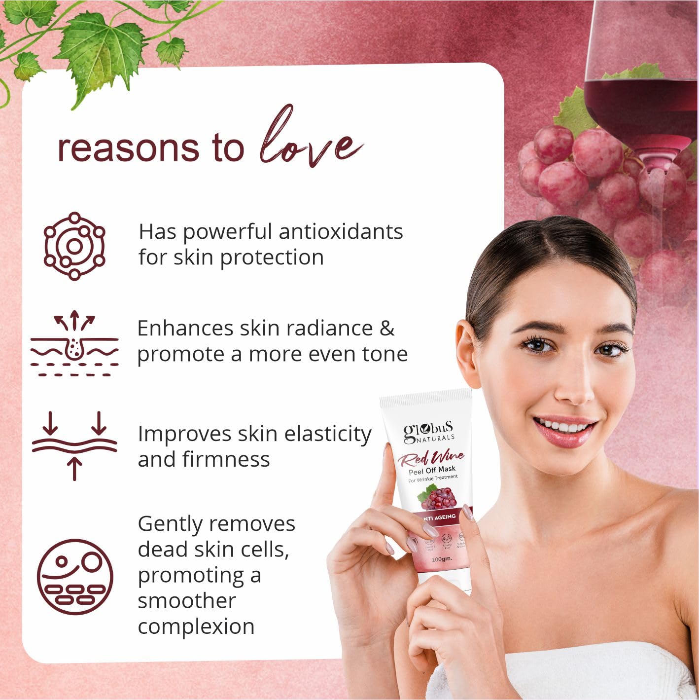 Globus Naturals Red Wine Peel Off Mask - Anti-Aging & Wrinkle Treatment for All Skin Types, 100g (Pack of 3) | Deep Cleansing & Skin Rejuvenation for Daily Skincare Routine