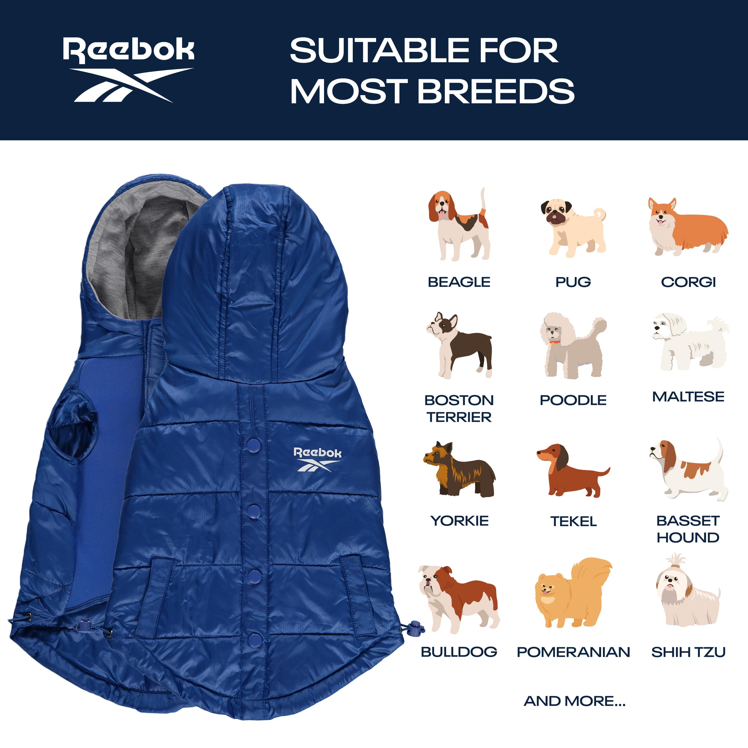 Reebok Waterproof Dog Puffer Jacket with Hood - Windproof Winter Coat for Small Medium Large Dogs | Cold Weather Protection for Outdoor Walks & Snow Adventures