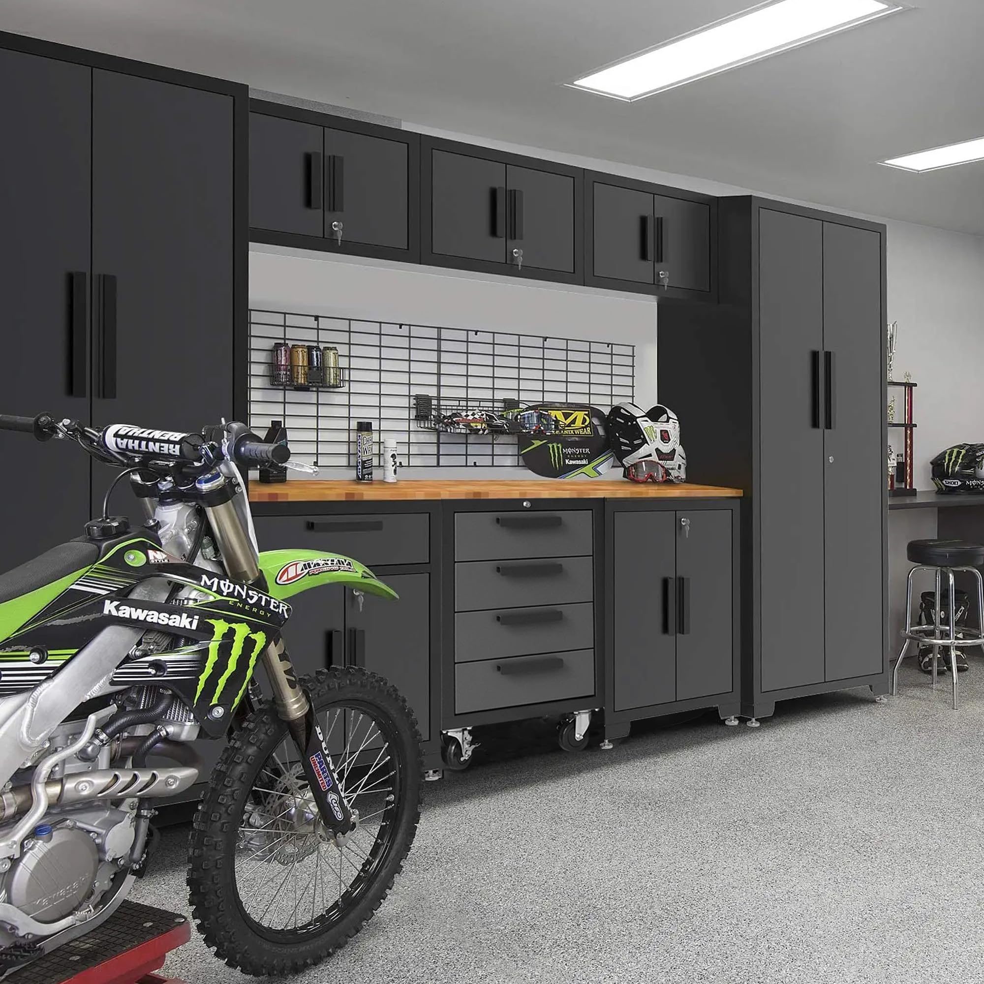 9-Piece TCE Heavy Duty Metal Storage System with Steel Drawers & Rolling Chest - Black/Grey Workshop Organizer for Garage Tools & Equipment | Ideal for Home Garage, Auto Repair Shops & DIY Projects