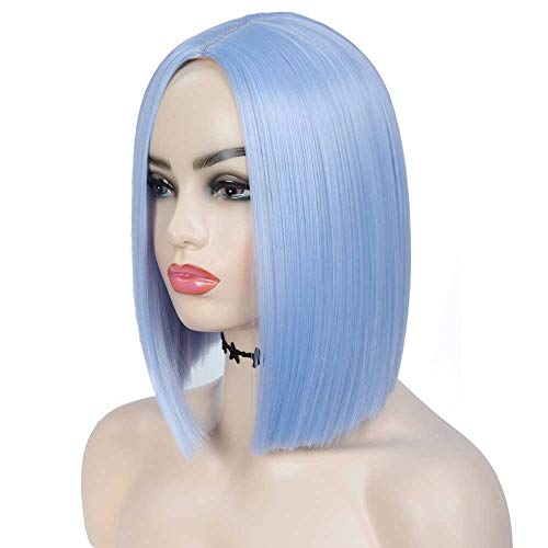 Light Blue Short Straight Bob Wig for Women - Heat Resistant Synthetic Hair with Middle Part | 12 Inch Costume Wig for Daily Wear, Party & Cosplay | Perfect for Halloween, Themed Events & Role Playing