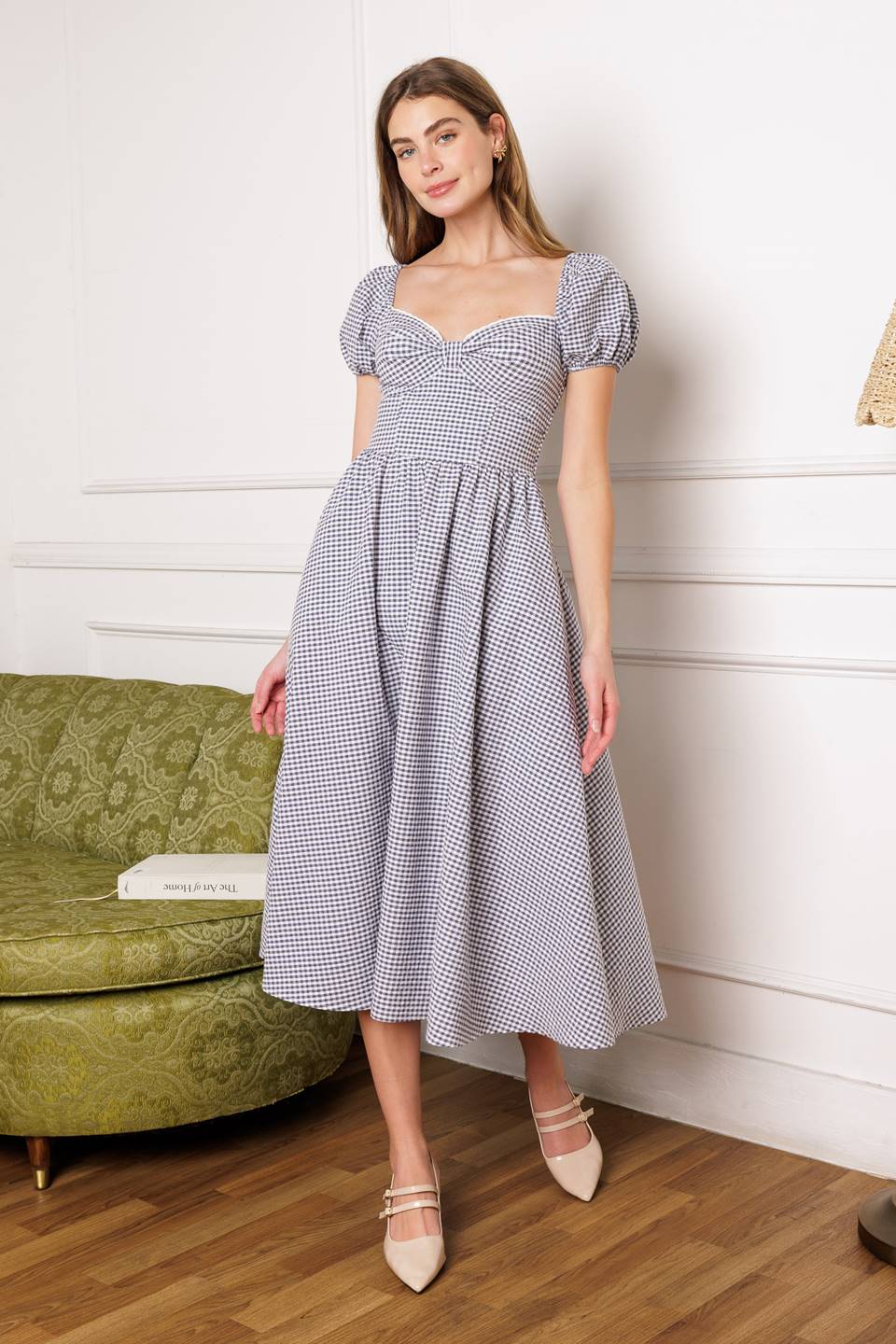 DOROTHY'S DREAM Navy Blue Gingham Puff Sleeve Midi Dress - Perfect for Summer Picnics, Garden Parties & Casual Outings