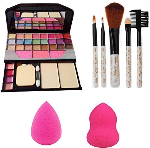 Baba Enterprises 6155 Professional Makeup Kit - 5 Piece Makeup Brush Set & 2 PC Blender Puff Sponge for Flawless Foundation & Contouring | Perfect for Travel, Bridal & Everyday Makeup